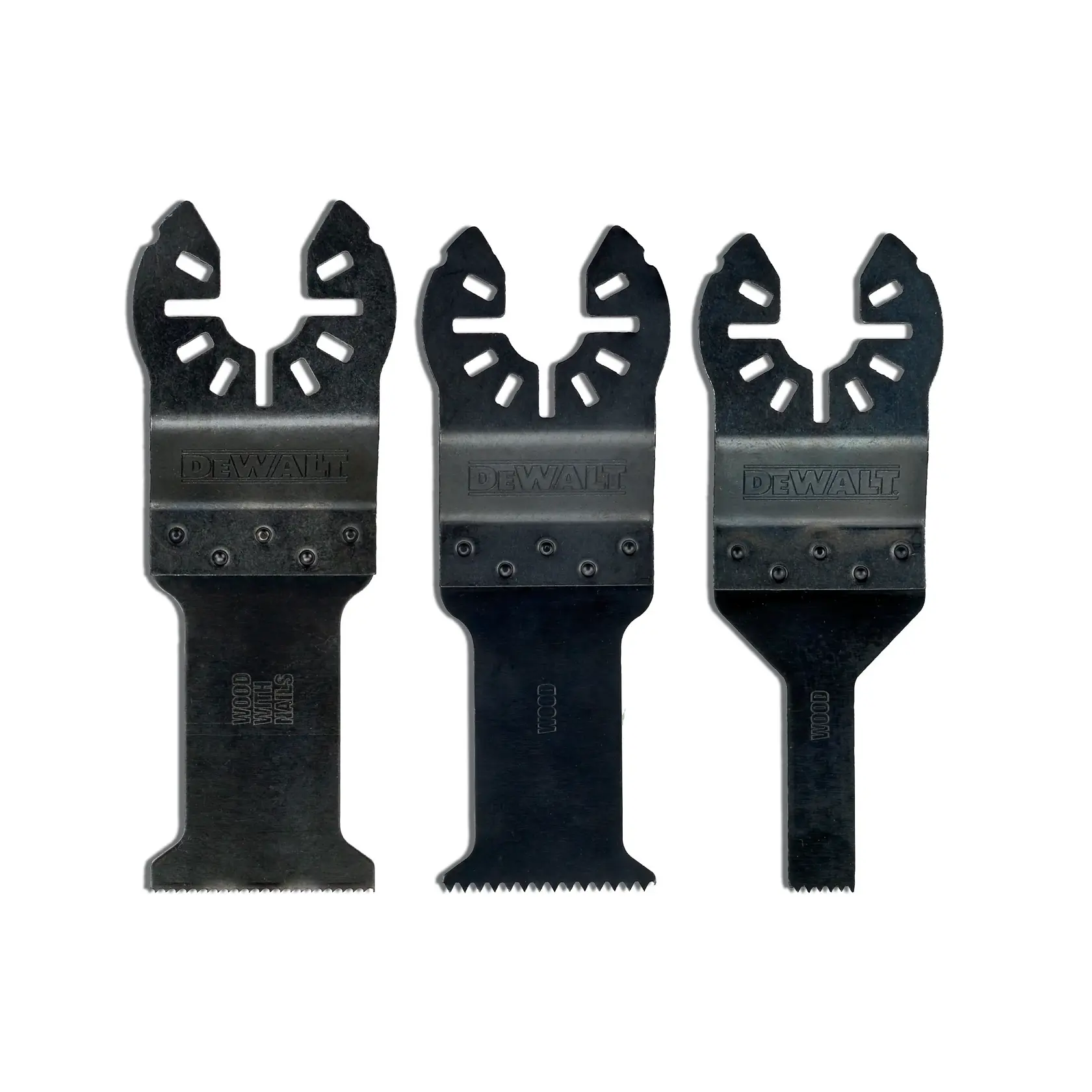 Three DEWALT DT20713 oscillating multi-tool blades for cutting wood, shown side by side on a white background.
