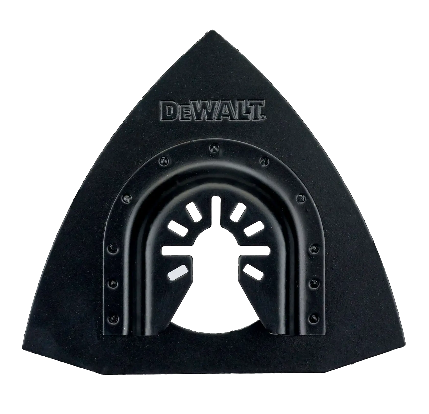 A DEWALT branded black triangular accessory for power tools, likely a sanding pad or attachment, with a central mounting hole and vent-like cutouts.