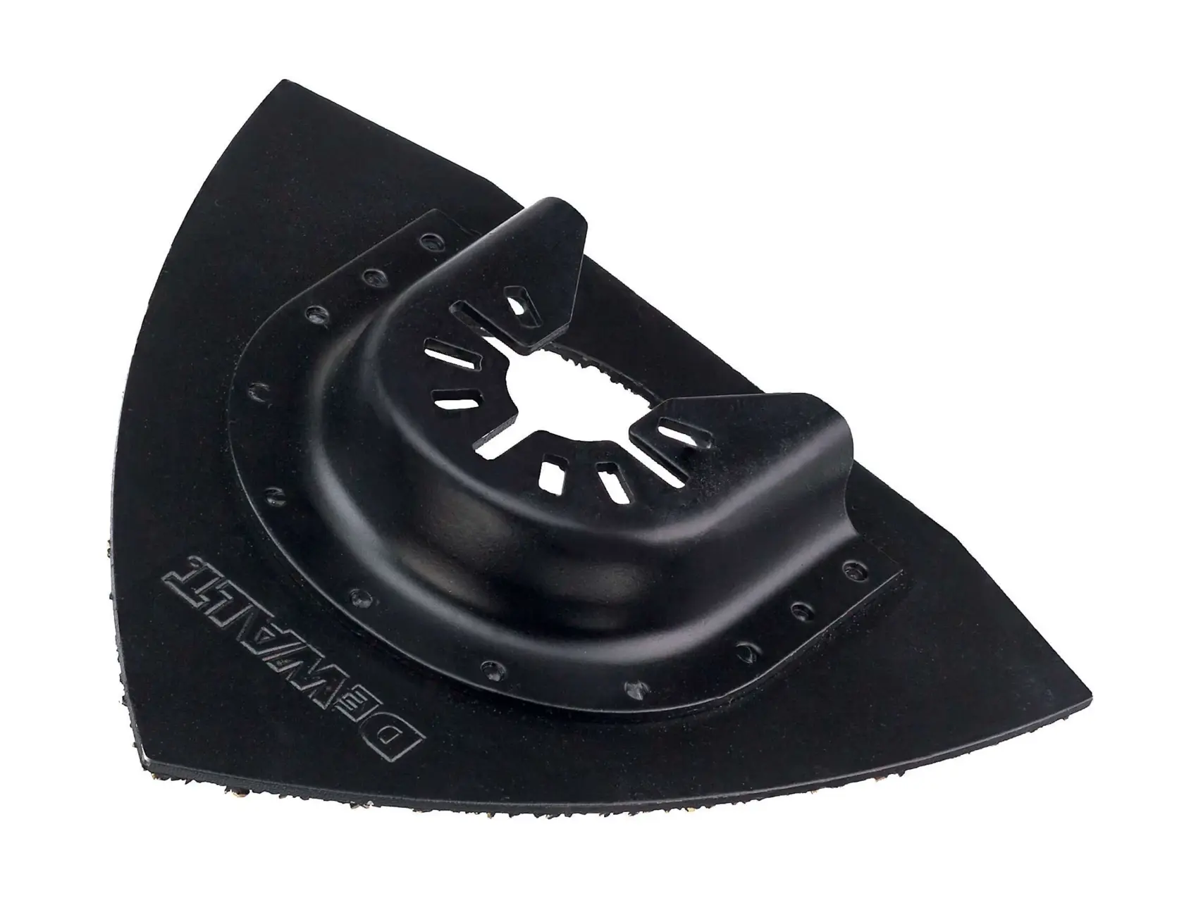A black DEWALT triangular sanding pad attachment for an oscillating multi-tool, designed for use in sanding and finishing tasks.
