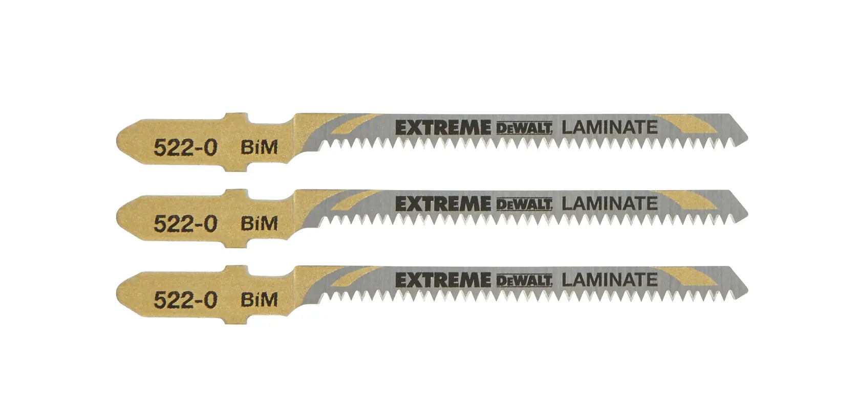 Tres hojas de caladora DEWALT DT2081 para laminados, doradas y plateadas, alineadas sobre fondo blanco.