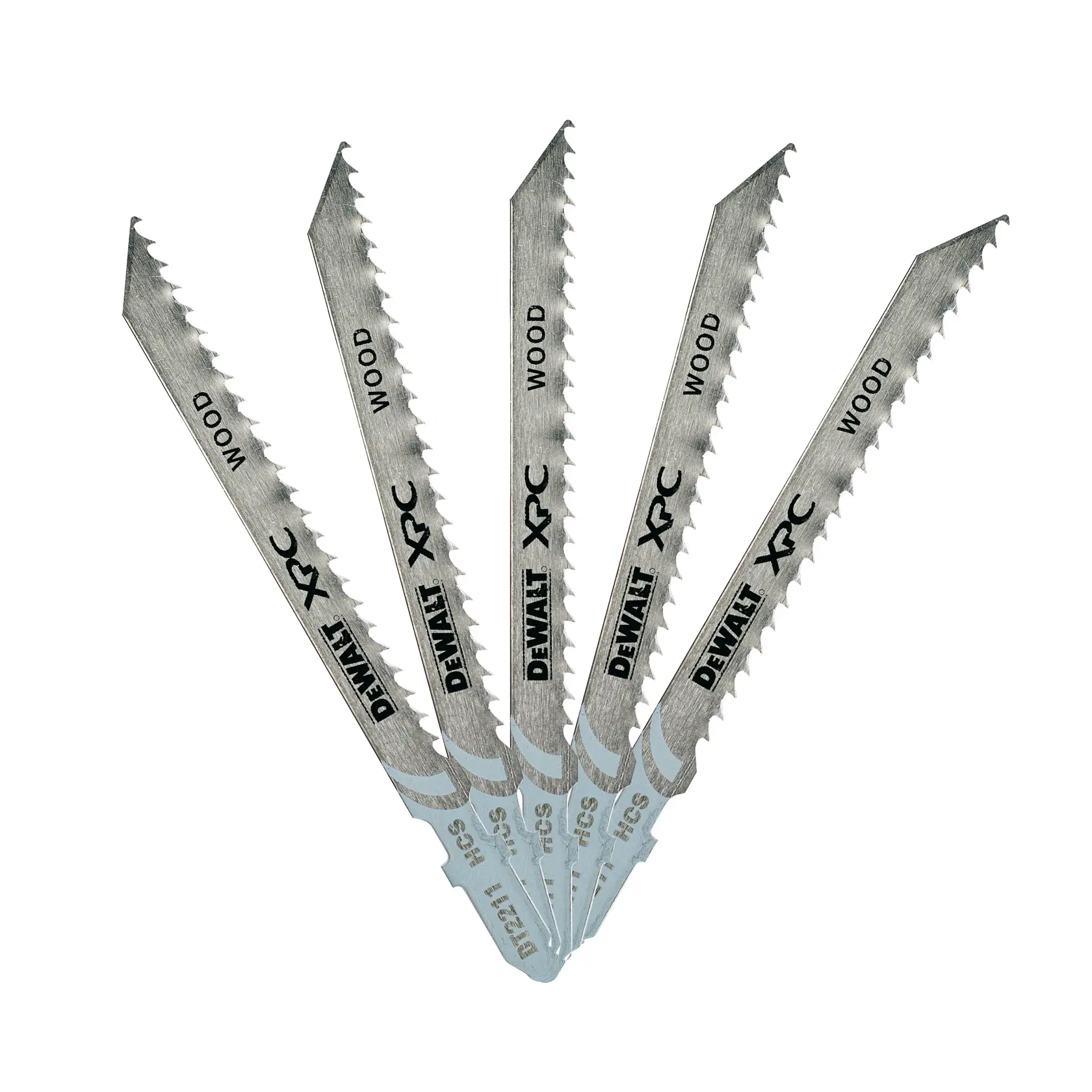 Five DEWALT XPC jigsaw blades for wood, arranged in a fan shape, silver color.