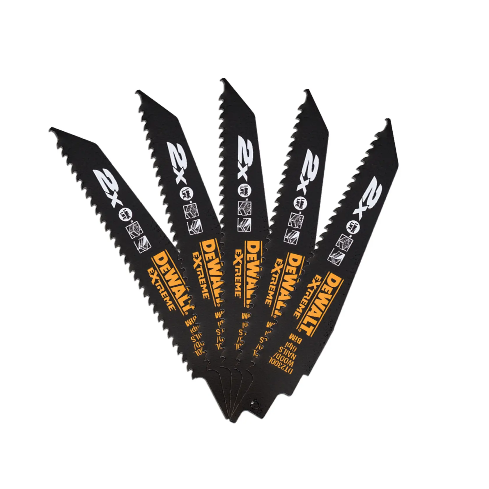 Five DEWALT DT2300L black reciprocating saw blades fanned out, with bold branding and product details visible.