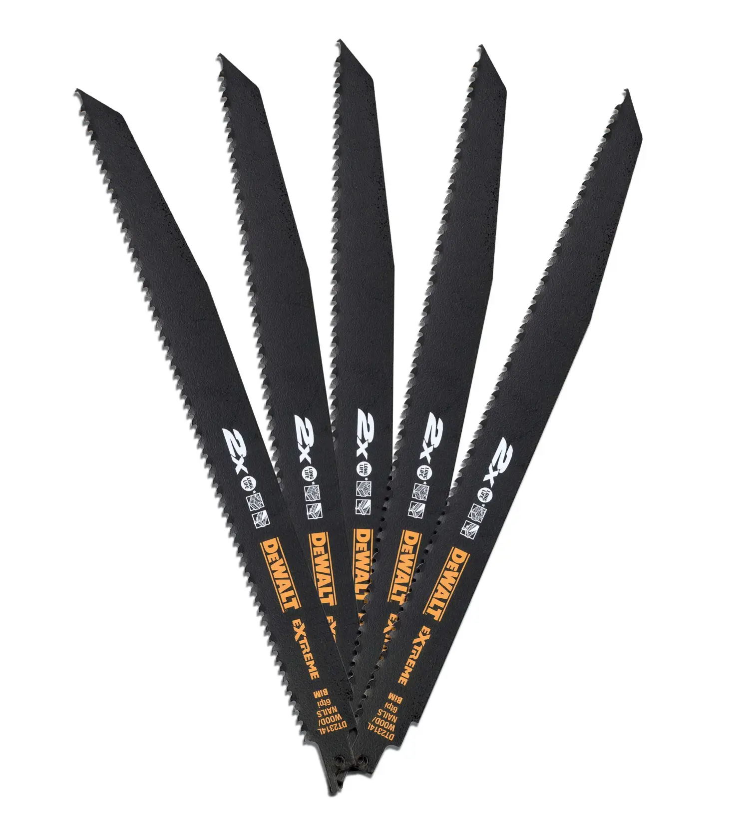Five DEWALT DT2314L black reciprocating saw blades with yellow branding, arranged in a fan shape.