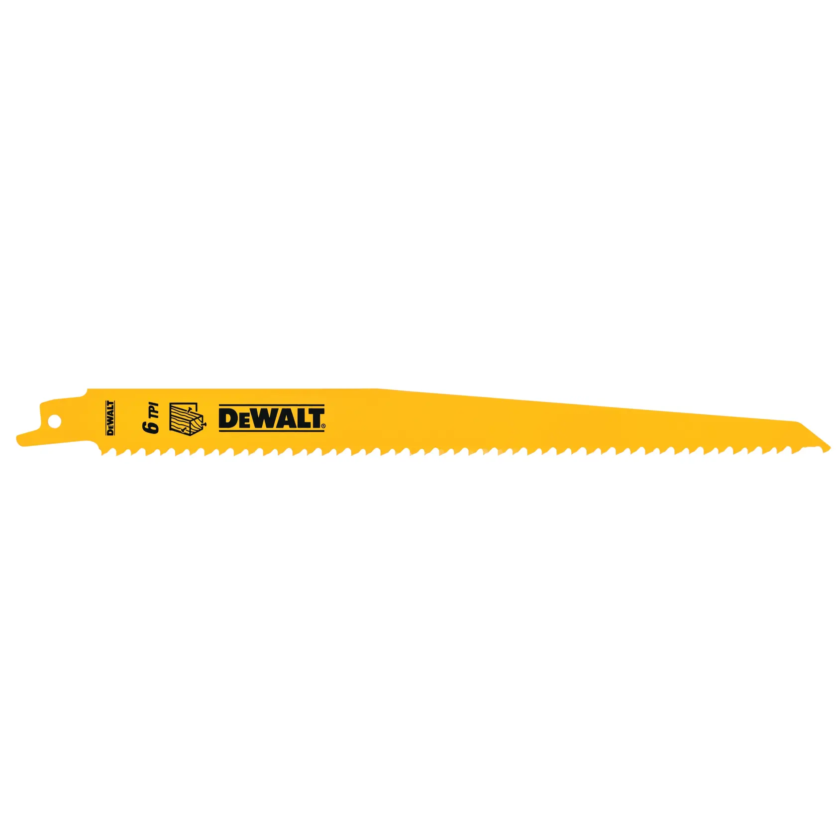 DEWALT yellow reciprocating saw blade with sharp teeth, model DT2349, for cutting wood or metal.