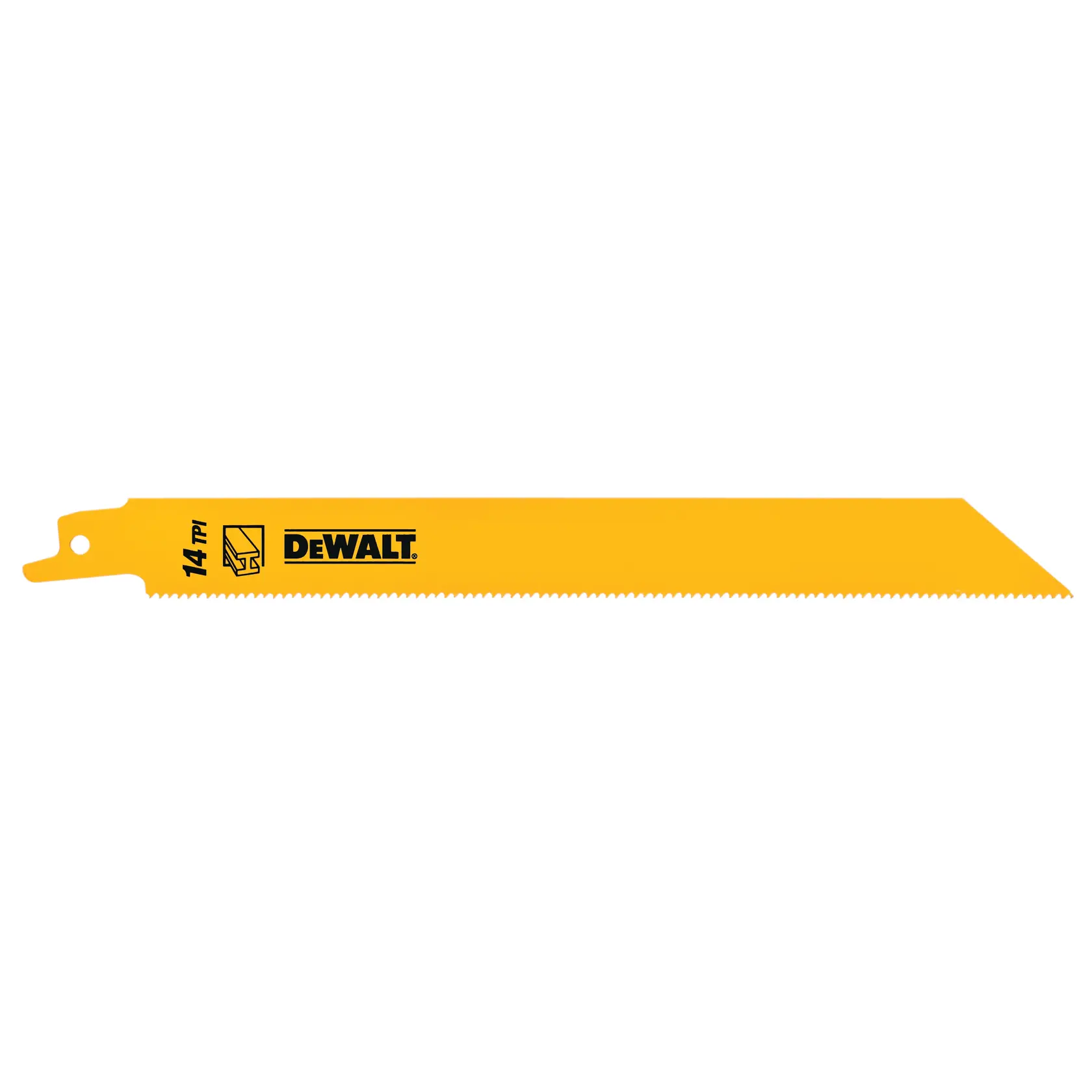 Una lama per sega alternativa gialla DEWALT con 14 denti per pollice (TPI) stampati sul lato.