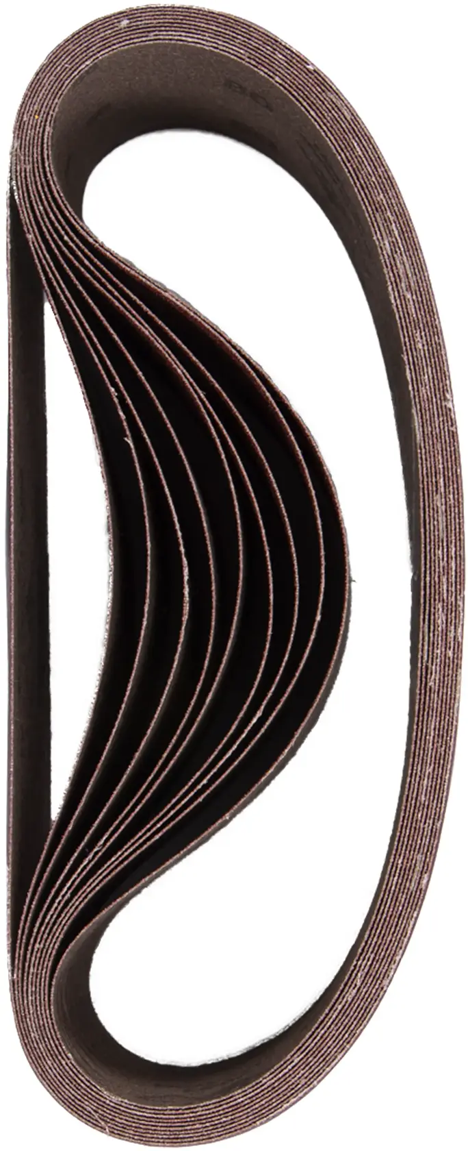 Stack of brown DEWALT sanding belts, looped together for use with belt sanders on woodworking projects.