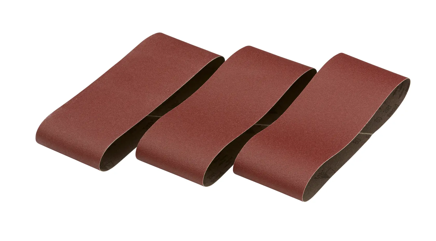Three brown sanding belts arranged side by side against a white background.
