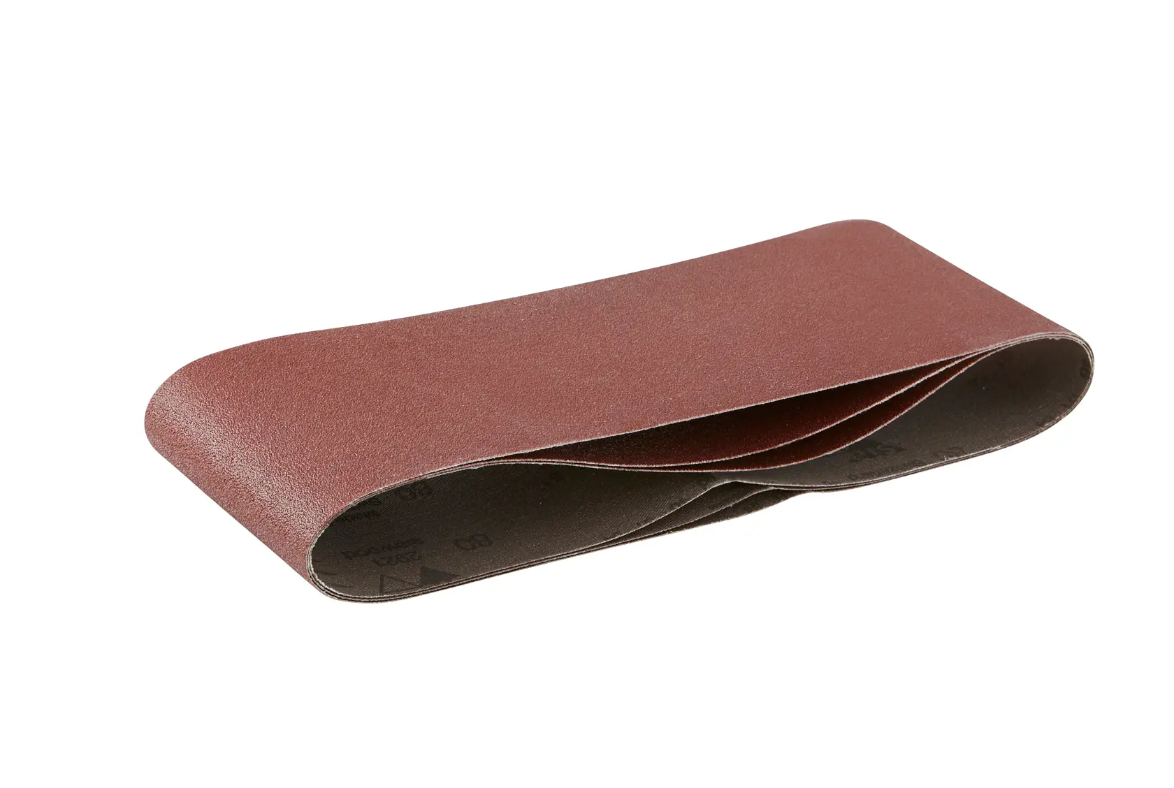 A DEWALT sanding belt, brown colored, used for surface smoothing in woodworking or metalworking.