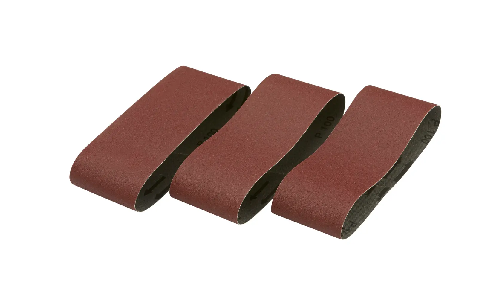 Three DEWALT sanding belts for power tools, shown in a row on a white background.