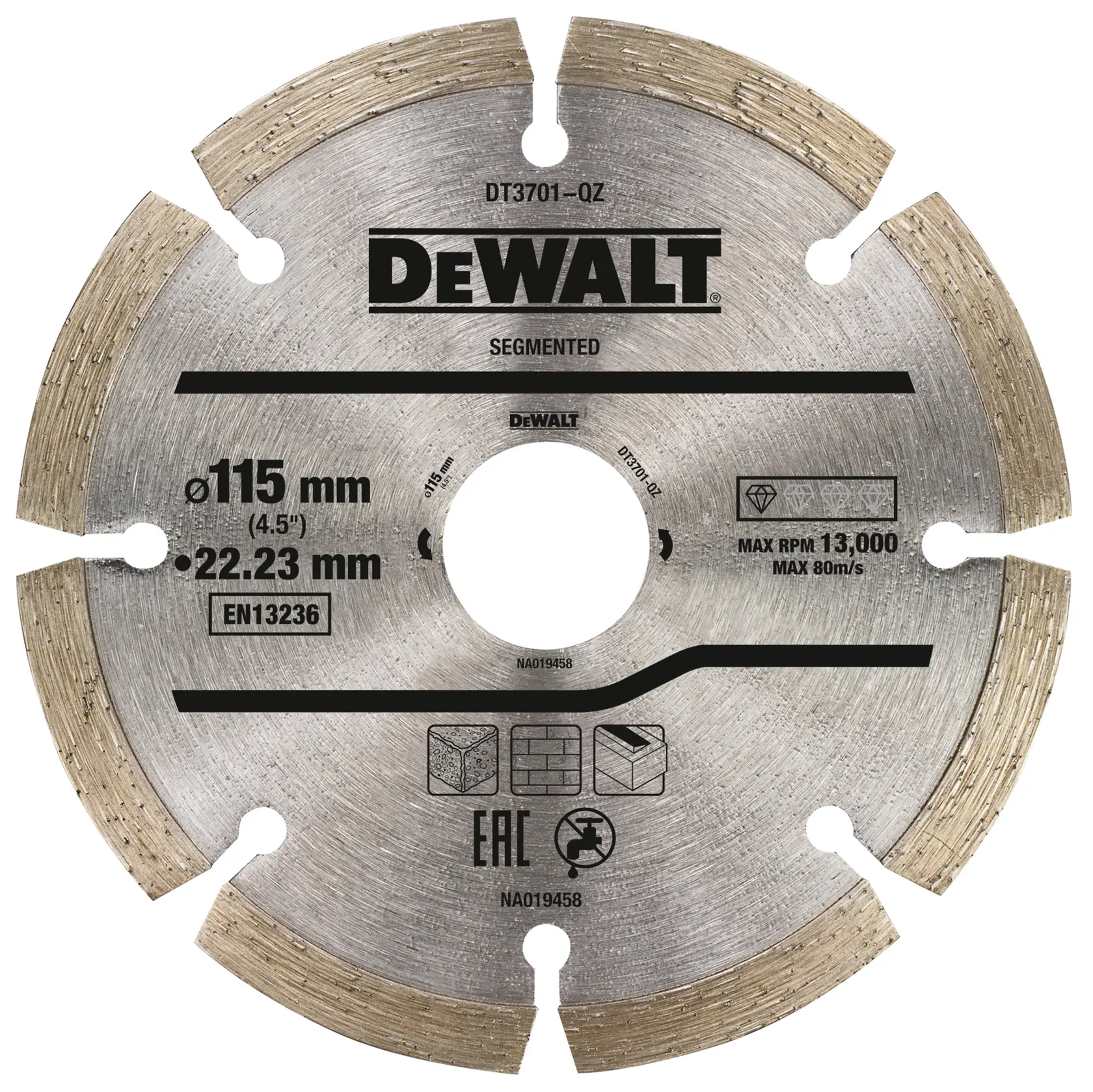 Un disco de corte segmentado de diamante DEWALT, modelo DT3701, para materiales de construcción y mampostería. El diámetro