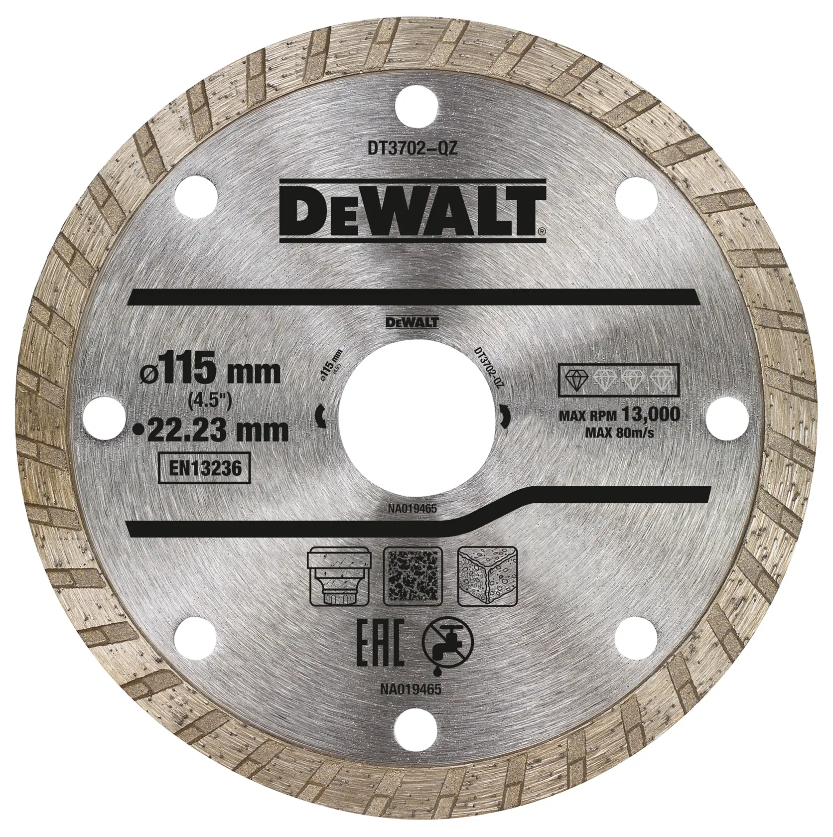 DEWALT DT3702 115mm diamond cutting disc for stone, concrete, tiles. Circular, metallic with labeled details.