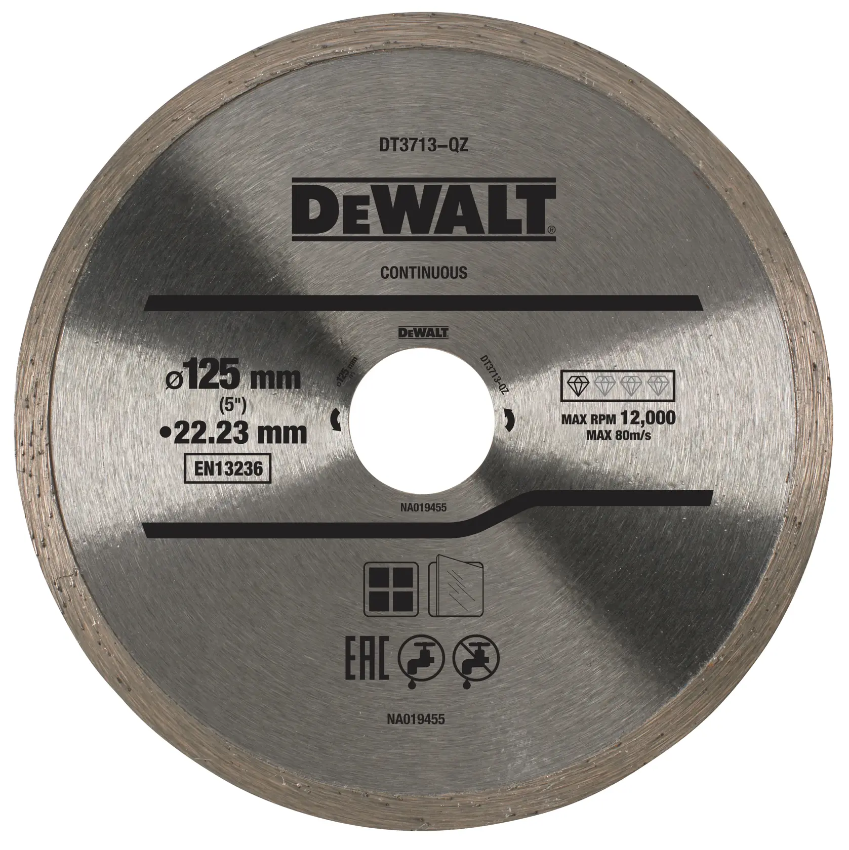 DEWALT DT3713 125mm Diamantsägeblatt zum Schneiden, silber, mit technischen Angaben und Produktinfos.