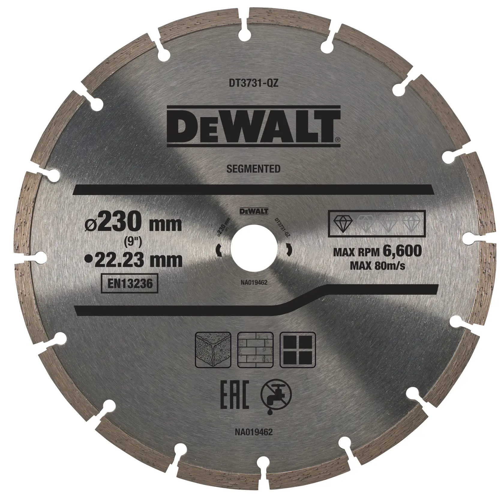 Disco diamantado segmentado DEWALT, 230mm de diámetro, para cortar piedra, concreto y ladrillo.