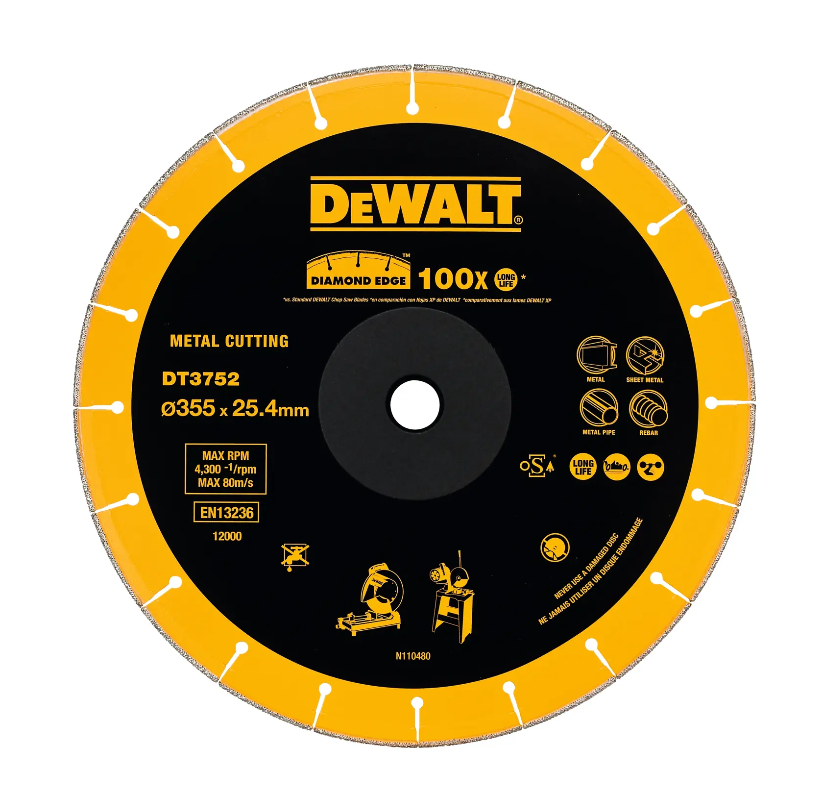Lama diamantata DEWALT DT3752, taglio metallo, diametro 355mm, lunga durata.