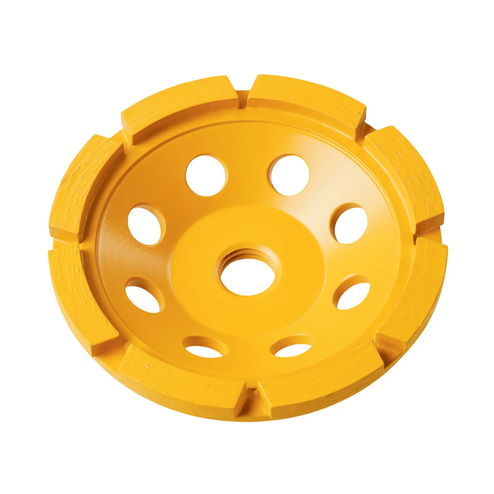 Yellow DEWALT grinding wheel with holes and segmented rim, designed for efficient material removal.