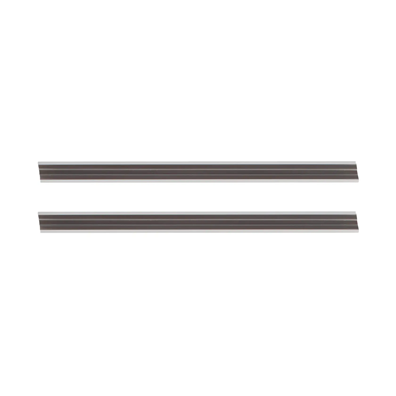 Two straight metal planer blades are shown, arranged parallel on a white background.