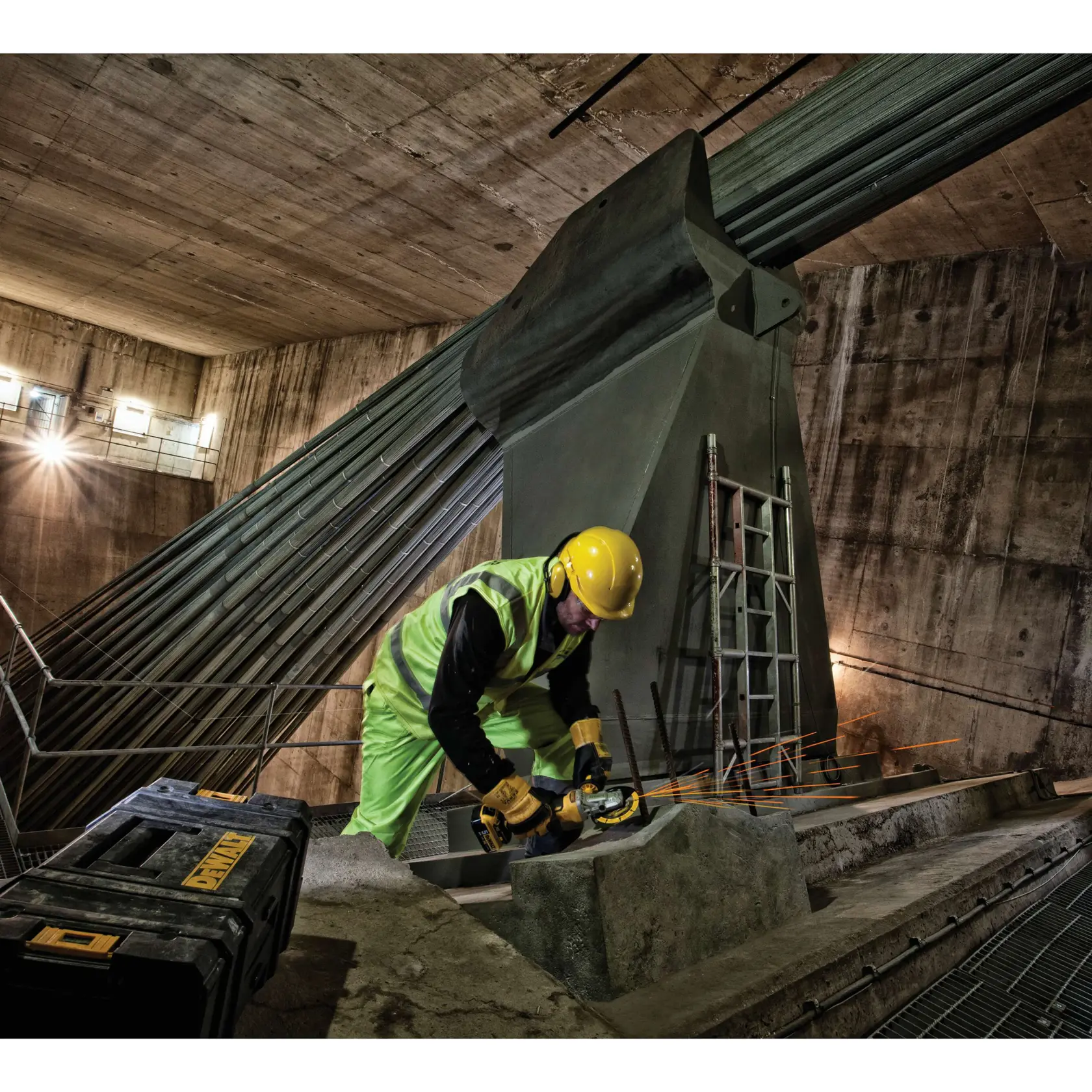 Worker uses DEWALT tool for grinding metal in an industrial setting, wearing safety gear. DEWALT case visible.