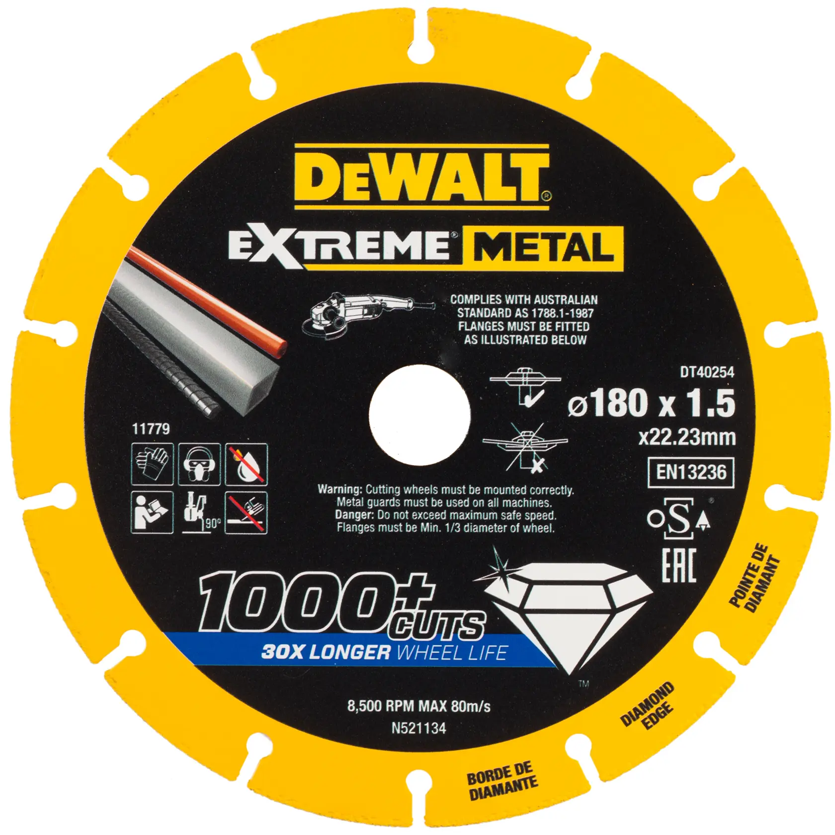 DEWALT DT40254 Extreme Metal cutting disc, diamond edge, 180mm, 1000+ cuts, safety icons, yellow and black.