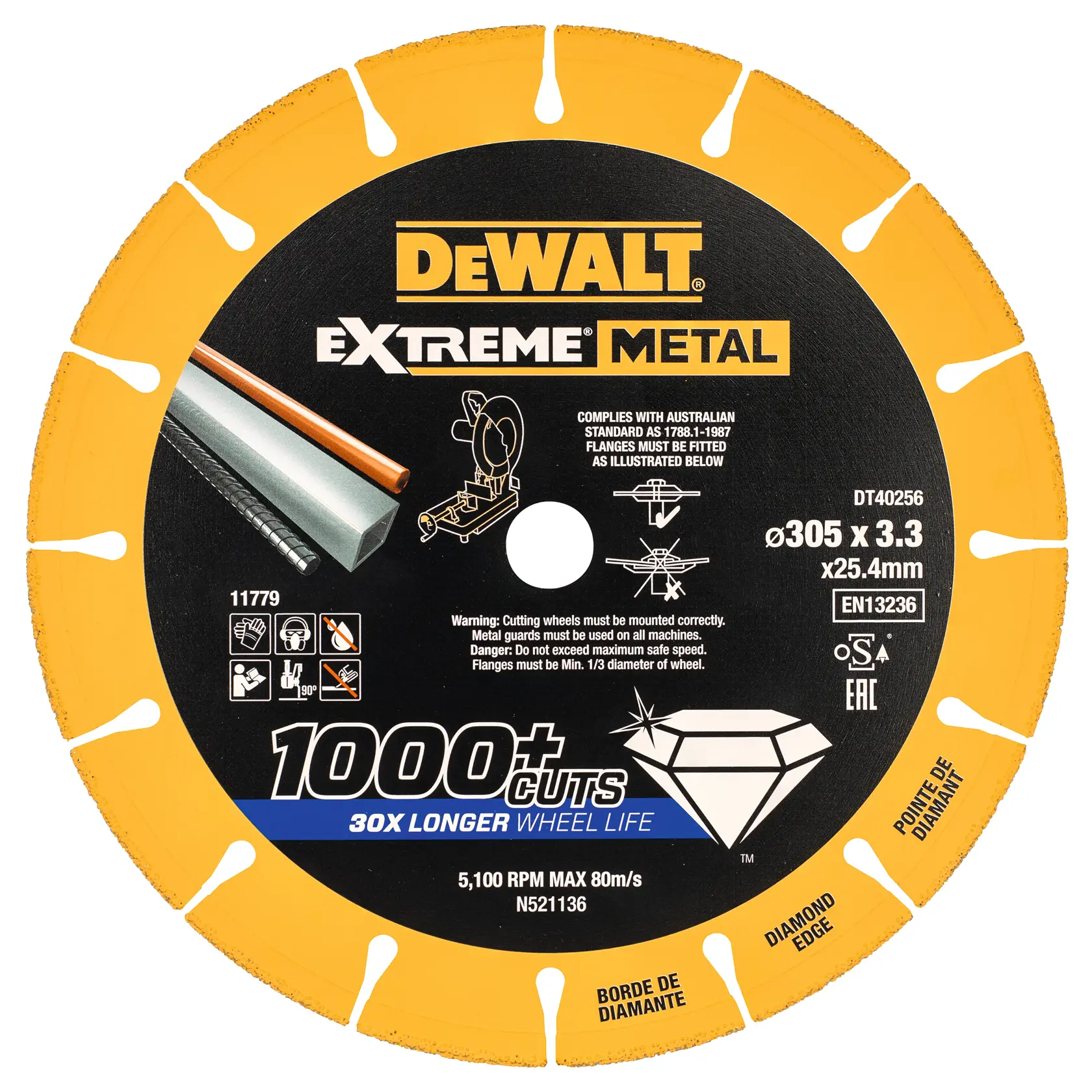 DEWALT Extreme Metal diamond edge cutting wheel, DT40256 with a diameter of 305mm, 3.3mm thick, and 25.4mm arbor hole. The wheel features yellow and black colors, is suitable for cutting metal, and offers up to 1000+ cuts and 30x longer wheel life. Product complies with EN13236 safety standard and includes user warnings about mounting and guard usage.