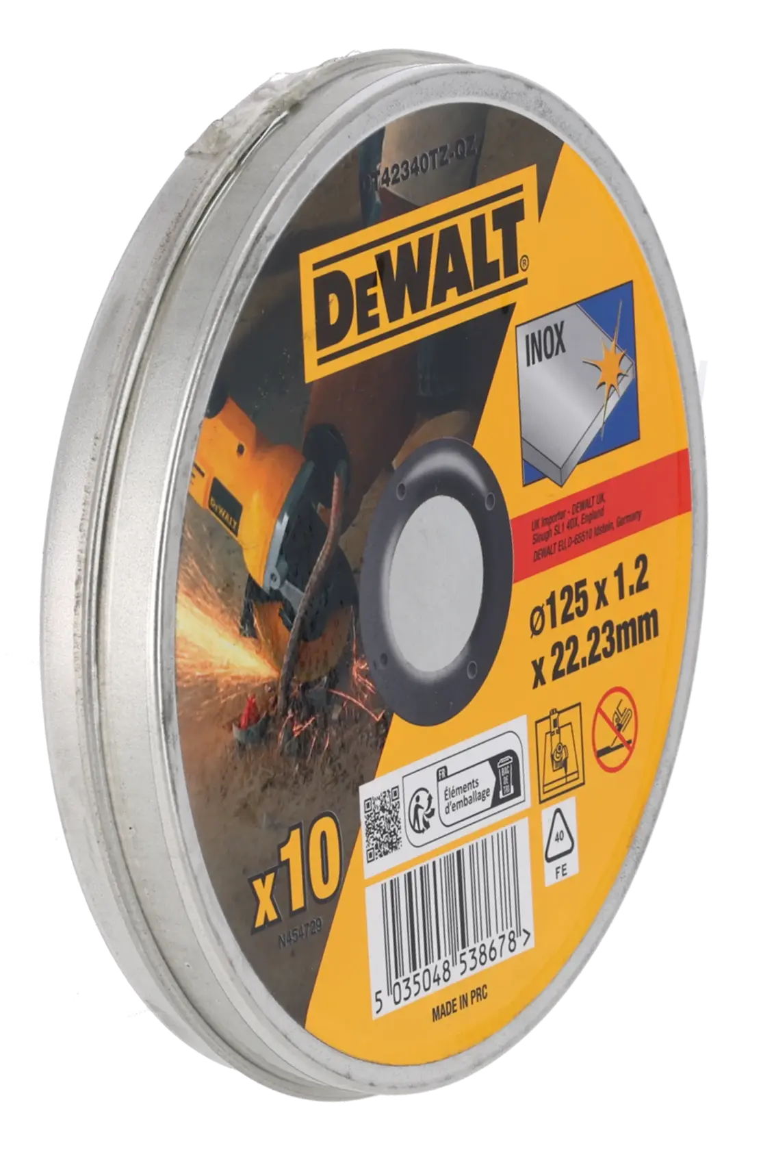 DEWALT DT42340TZ pack of 10 cutting discs for metal, 125 x 1.2 x 22.23mm, in a round metal tin.