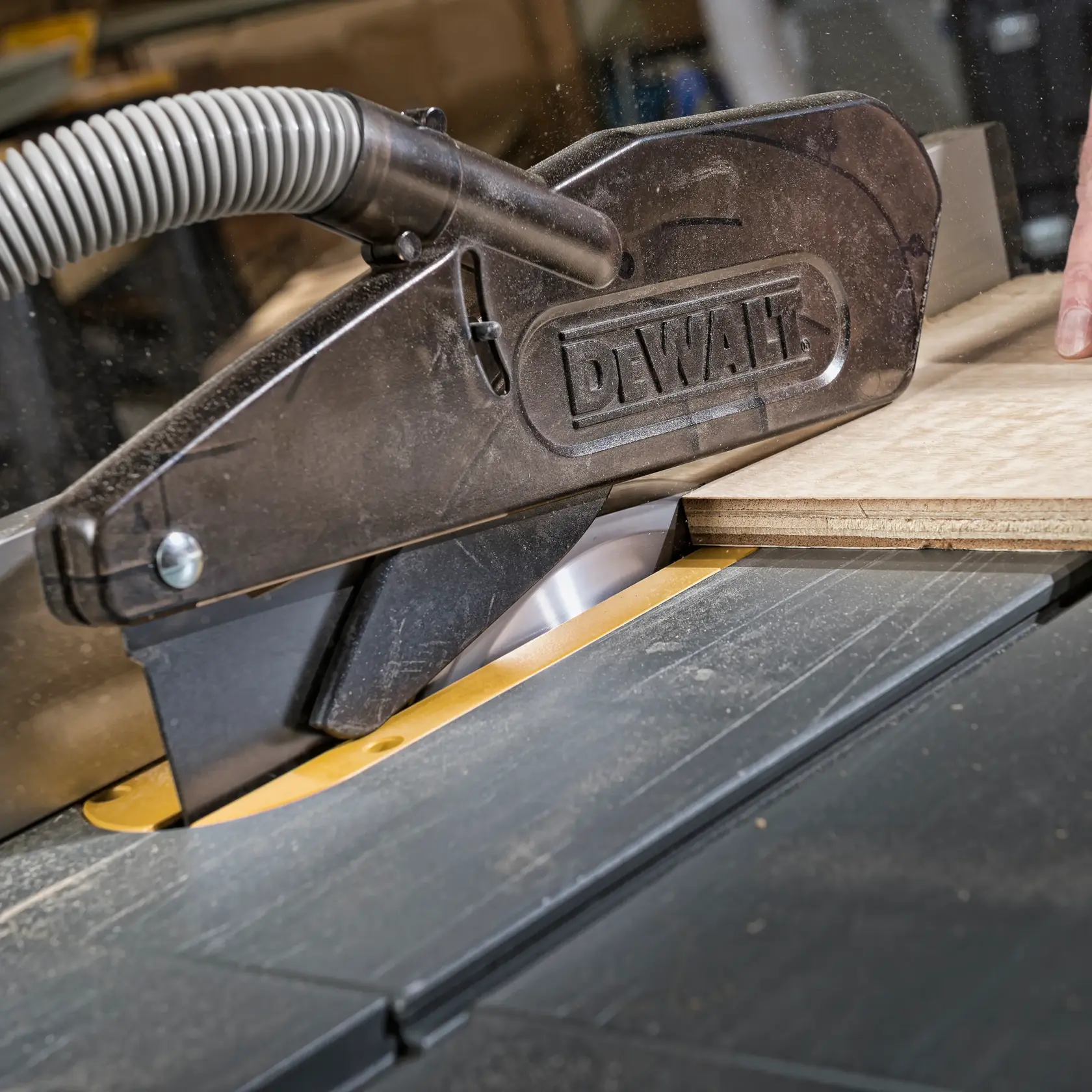DEWALT table saw cutting wood, dust extraction hose attached for clean operation.