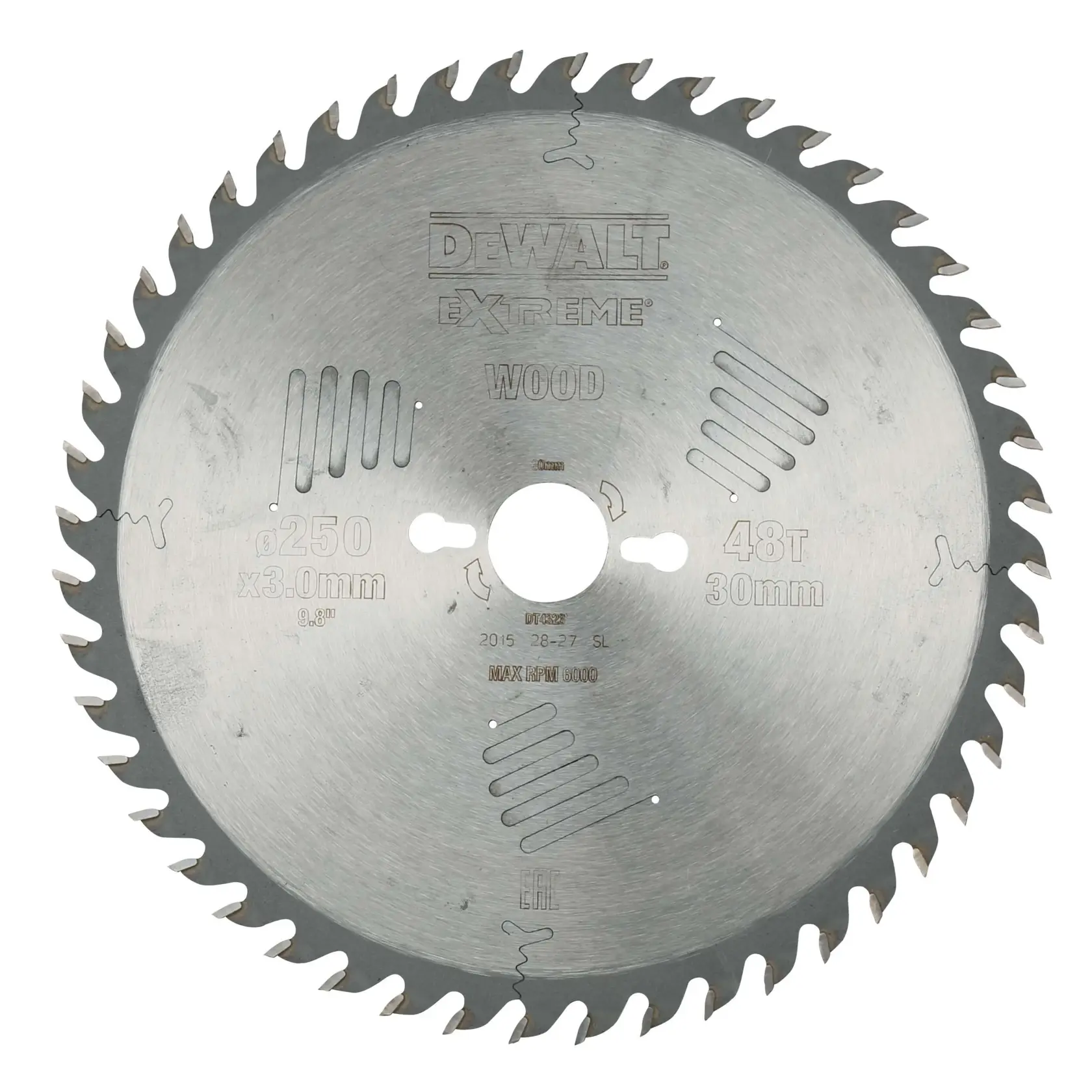 A DEWALT Extreme circular saw blade designed for wood, featuring 48 teeth, a diameter of 250 mm, and a 30 mm arbor hole.
