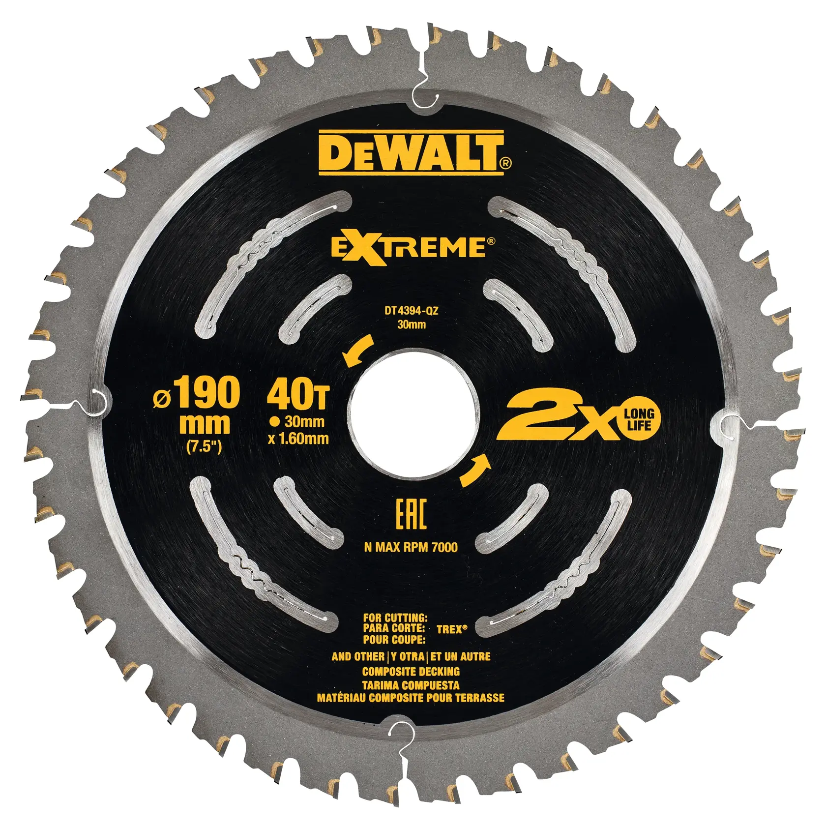 Lame circulaire DEWALT DT4394 Extreme, 190mm, 40 dents, pour matériaux composites, couleur noire et argent.