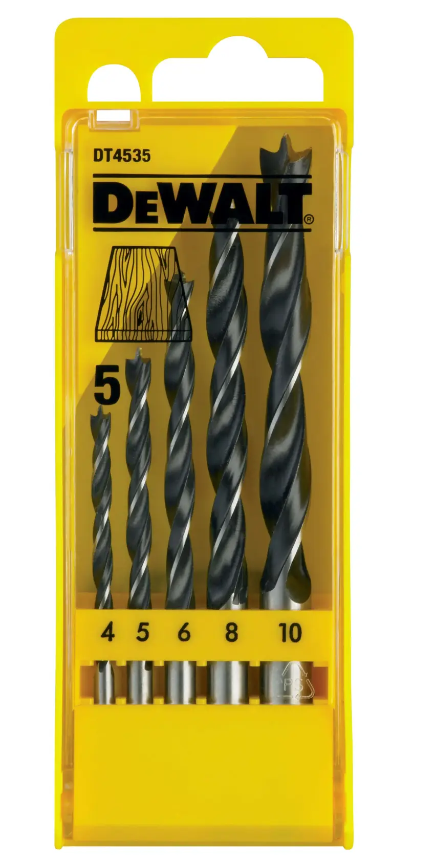Estuche amarillo DEWALT DT4535 con cinco brocas para madera, tamaños 4-10mm visibles.