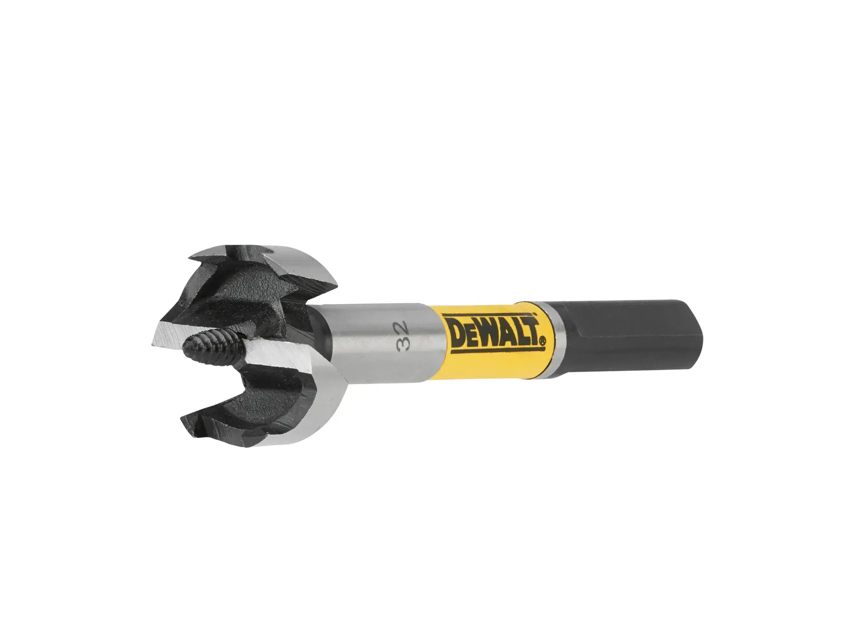 Immagine ravvicinata di una punta per legno DEWALT con gambo esagonale e marcatura della misura 32mm, progettata per la lavorazione del legno.