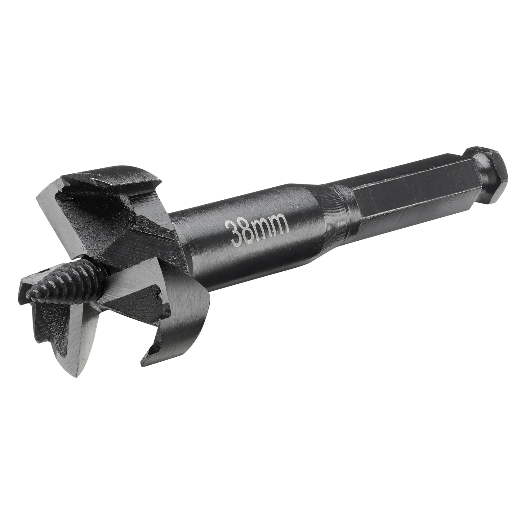 Una punta per legno DEWALT da 38 mm con gambo esagonale e punta centrale filettata per forature precise.