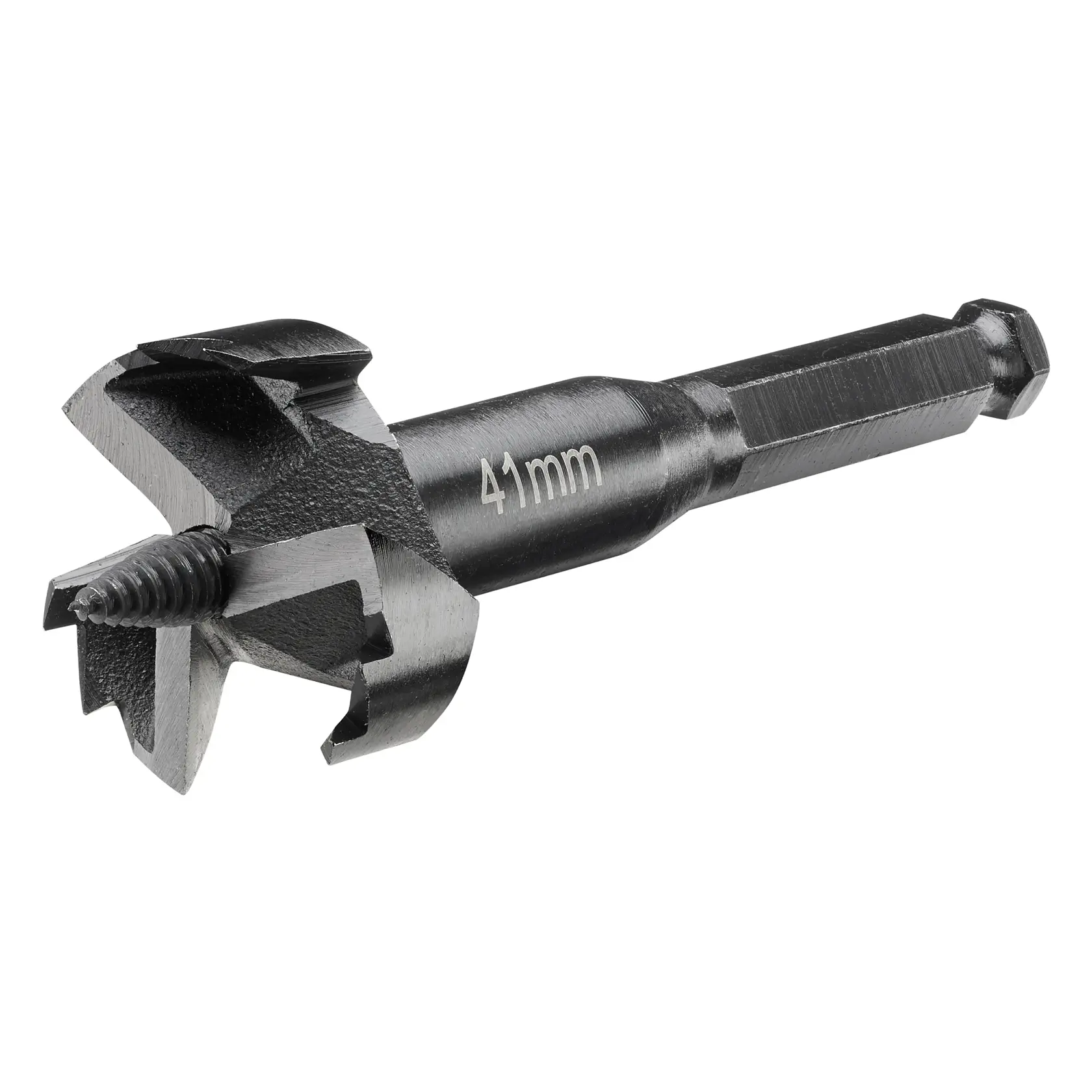 Trapano DEWALT a batteria fora una trave di legno, schegge di legno in aria.