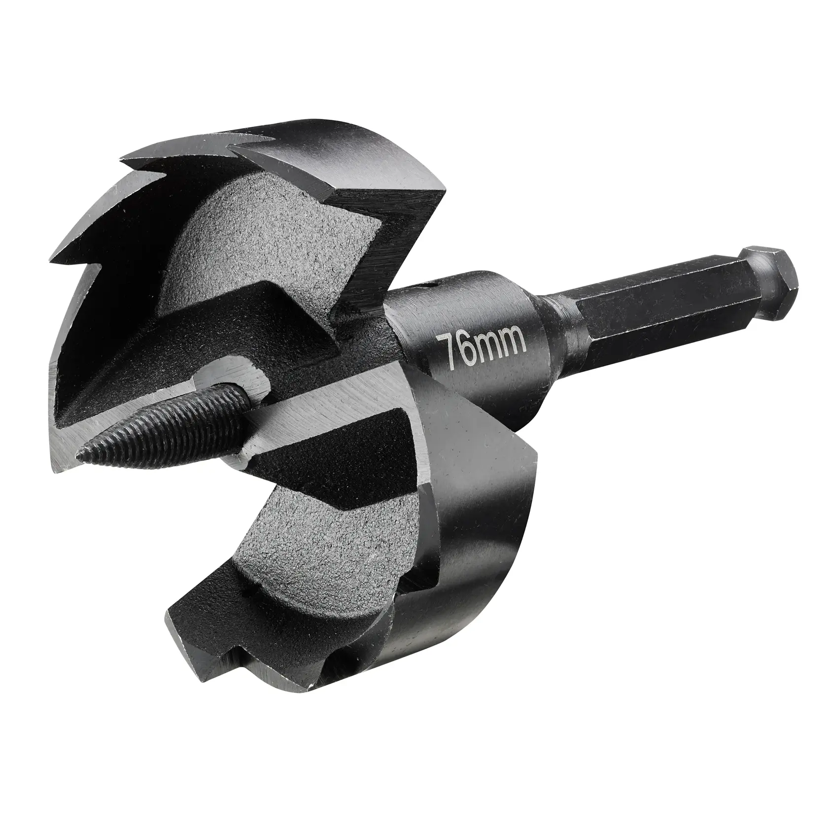 Fresa DEWALT da 76mm con attacco esagonale per legno, vista ravvicinata del corpo e delle lame.