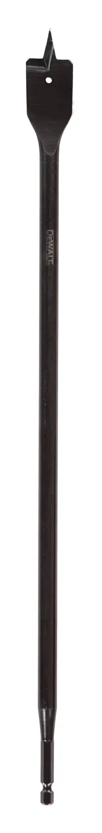 Foret plat à bois long avec queue hexagonale, utilisé pour perçage précis. Marque DEWALT visible.
