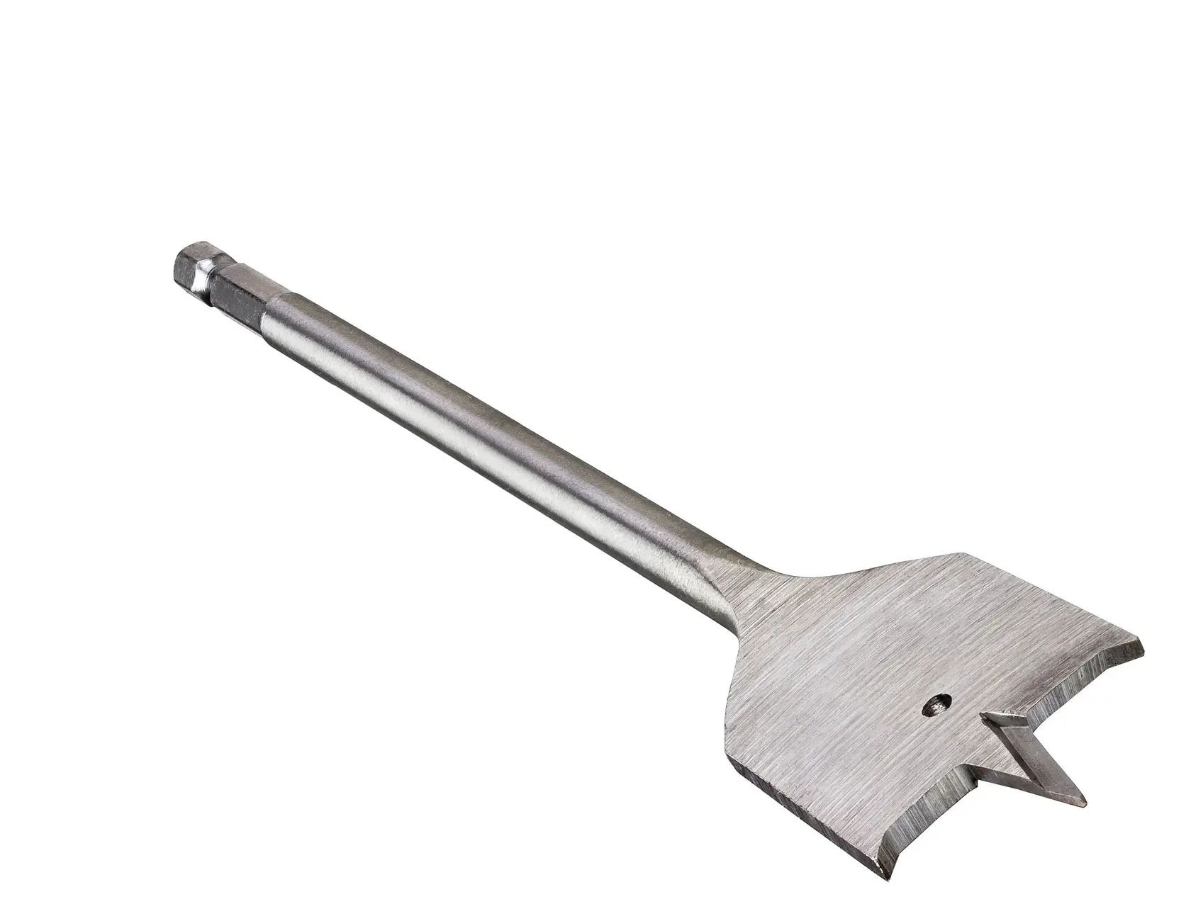 Flat steel spade drill bit with hex shank for woodworking, shown isolated on a white background.