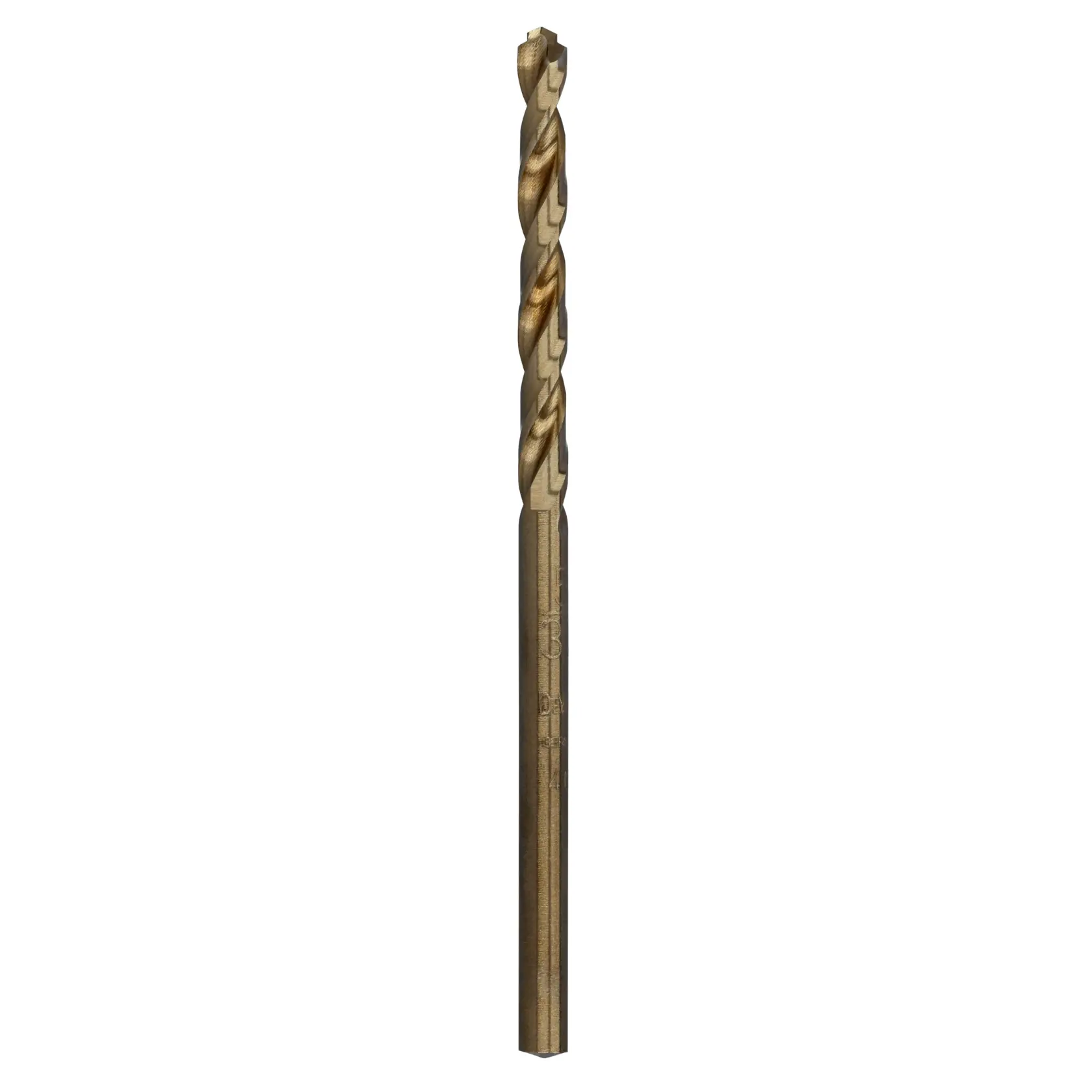 A single DEWALT metal drill bit, gold-colored and cylindrical, isolated on a white background.