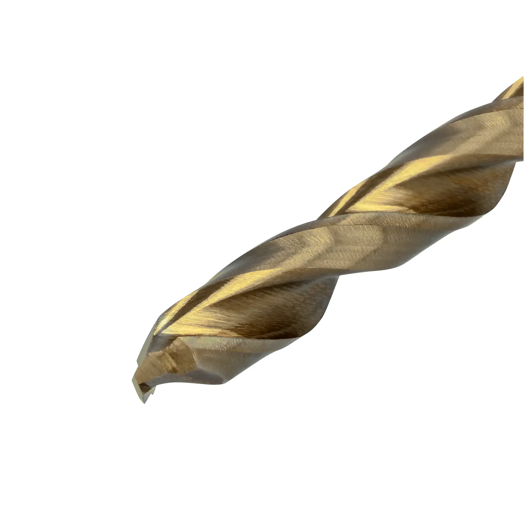 Close-up view of a gold-colored twist drill bit with a sharp cutting tip, photographed on a white background.