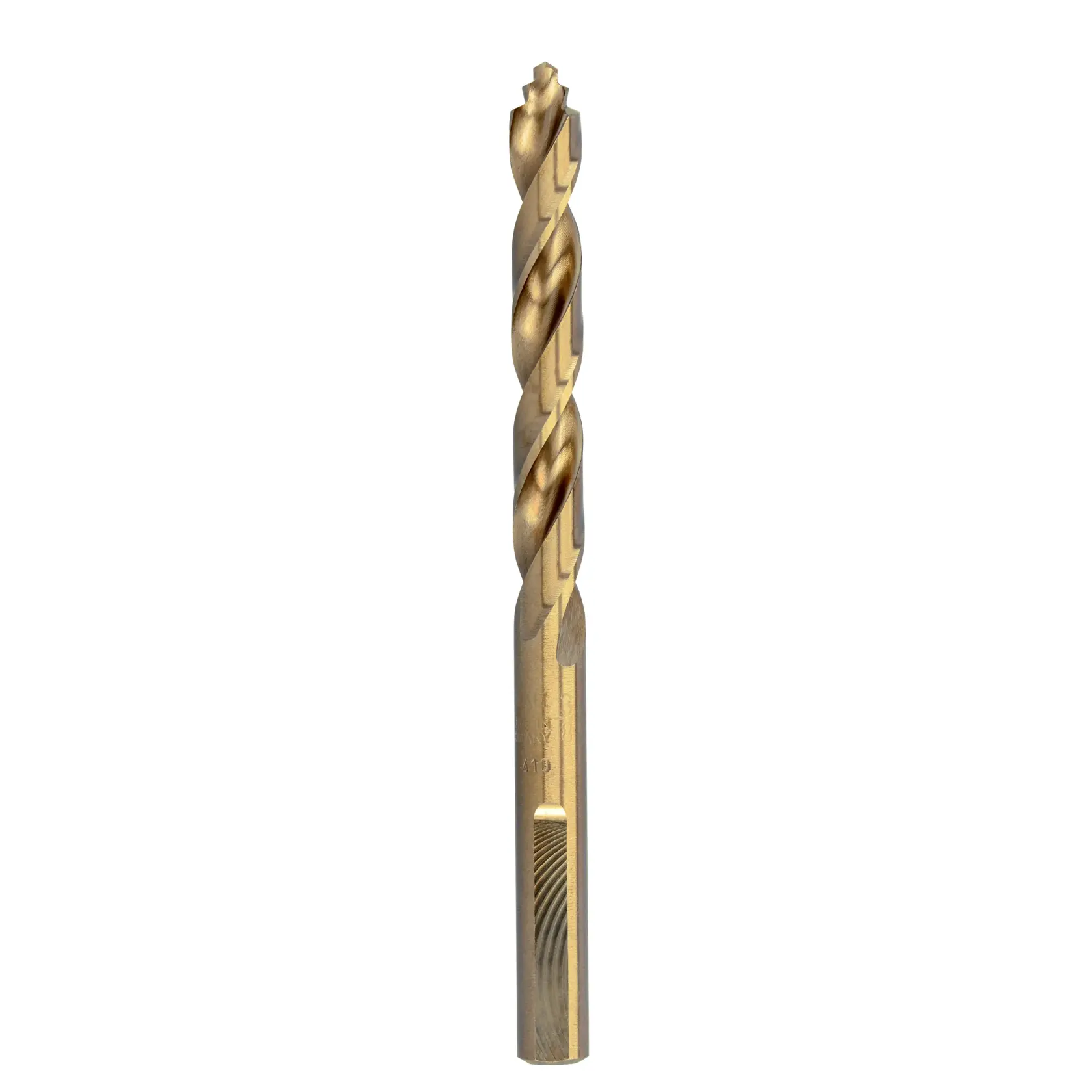 Single DEWALT DT4913 gold-colored HSS drill bit, used for metal drilling, shown upright on white background.