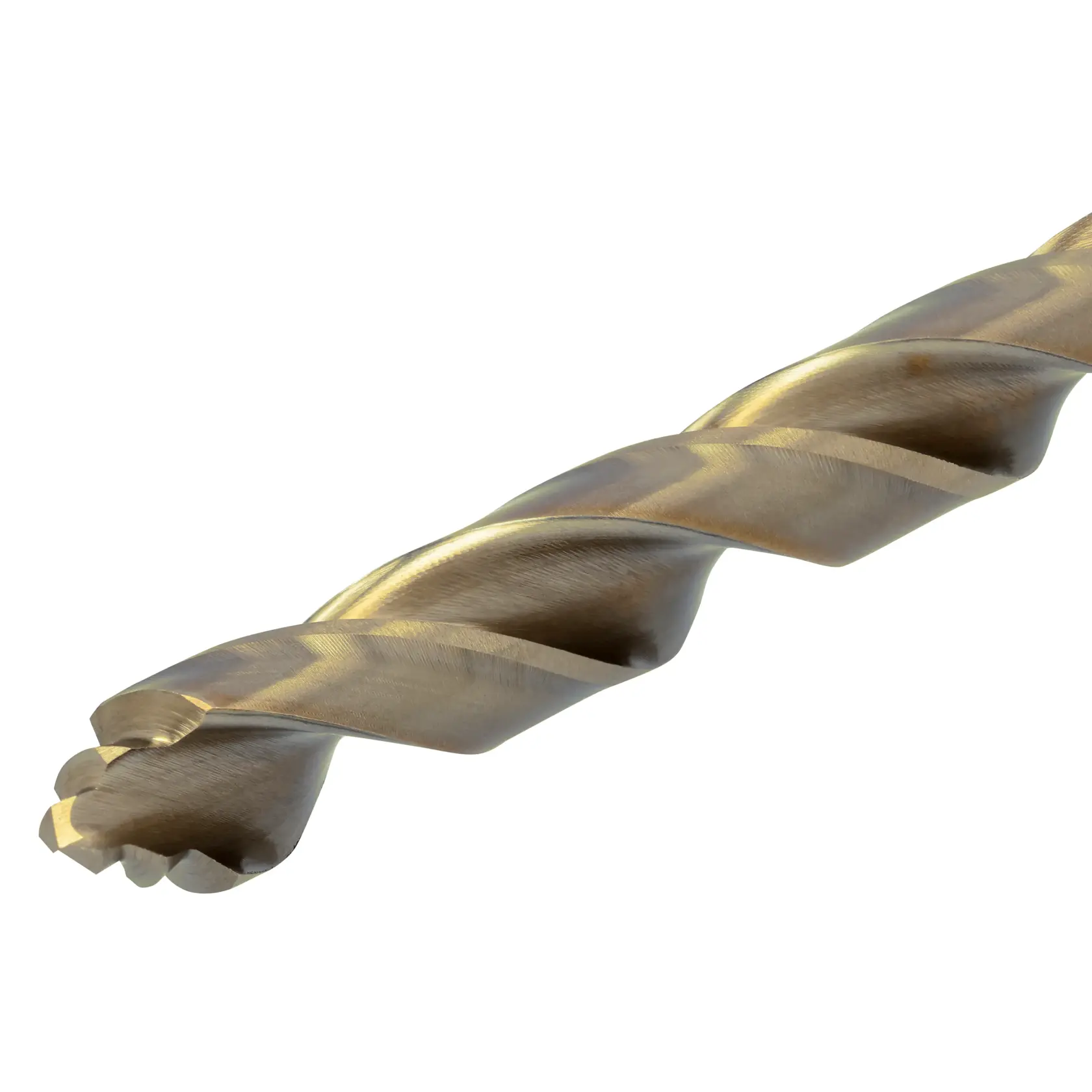 Close-up view of a DEWALT metal drill bit with a gold-colored finish and spiral flutes, photographed against a white background.
