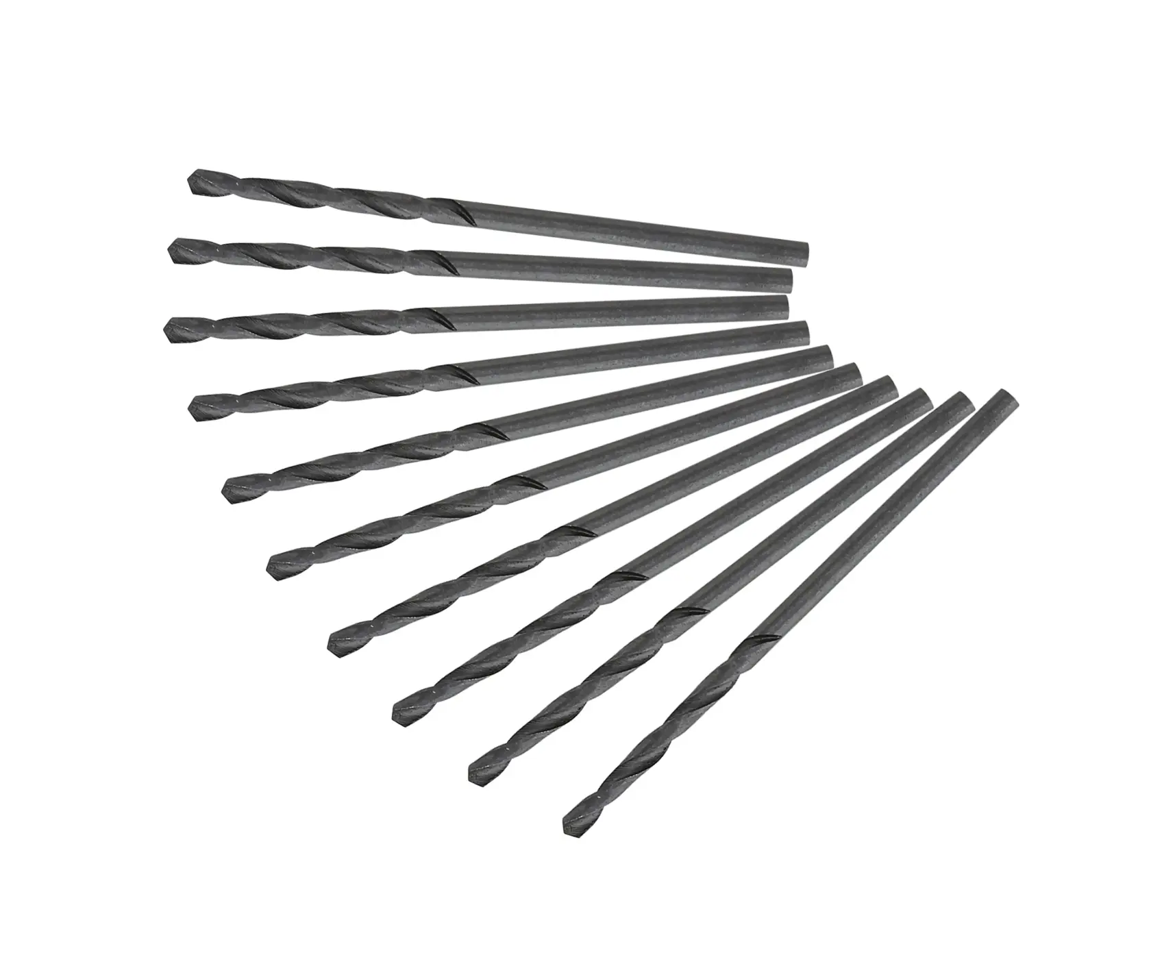 A set of ten DEWALT metal drill bits arranged in a fanned-out pattern on a white background.