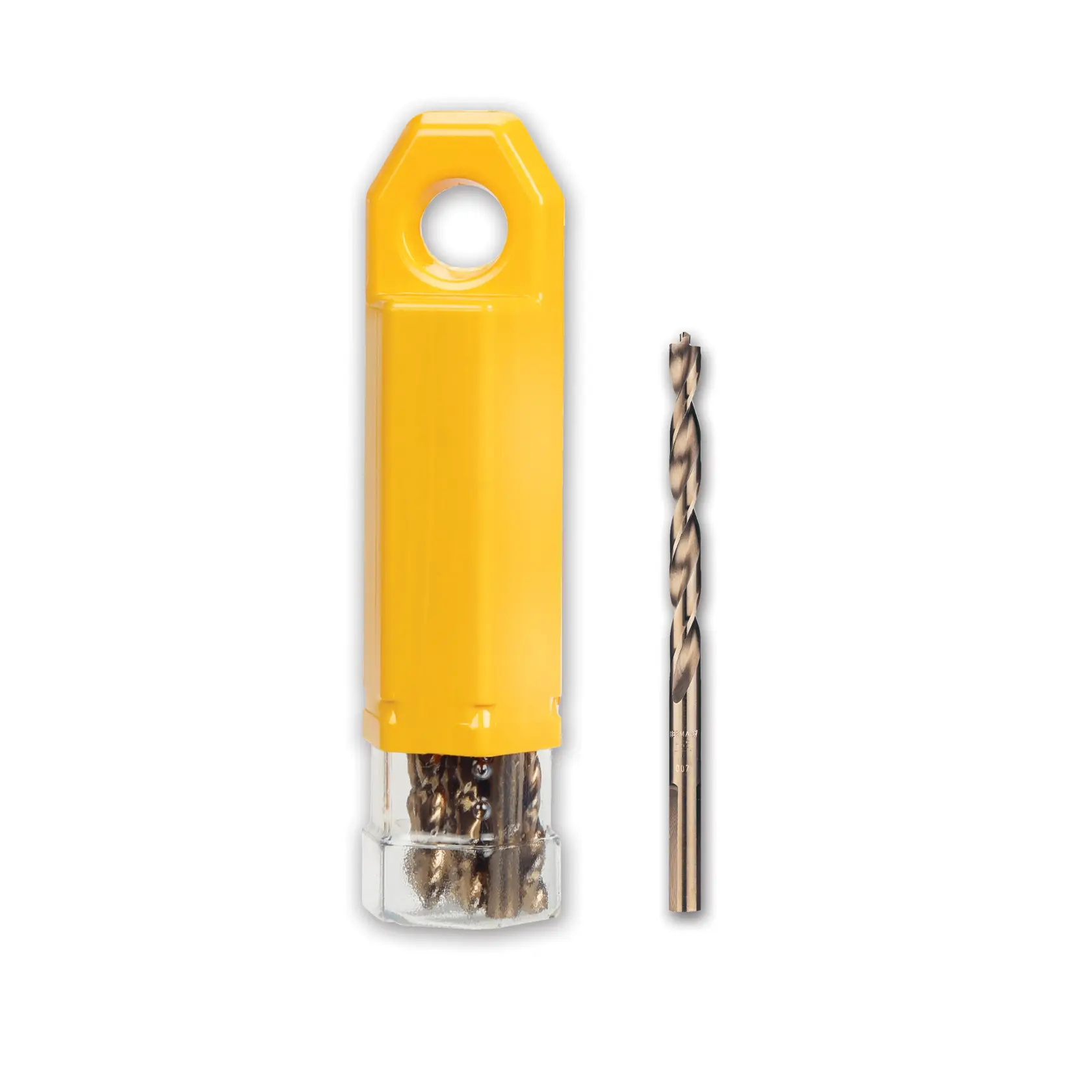 Juego de brocas DEWALT en estuche amarillo con una broca mostrada junto al estuche.