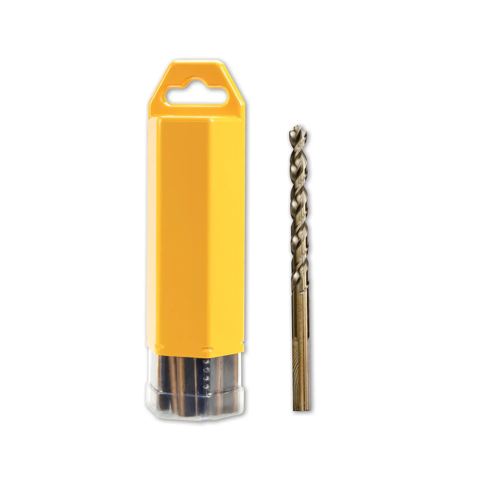 Broca DEWALT junto a estuche amarillo de almacenamiento, ambos sobre fondo blanco.