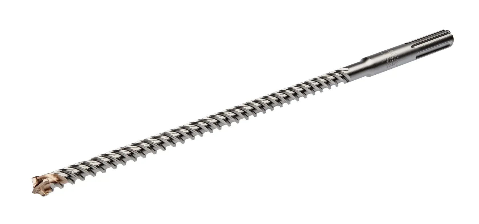 A long DEWALT spiral drill bit designed for heavy-duty masonry drilling, shown vertically on a white background.