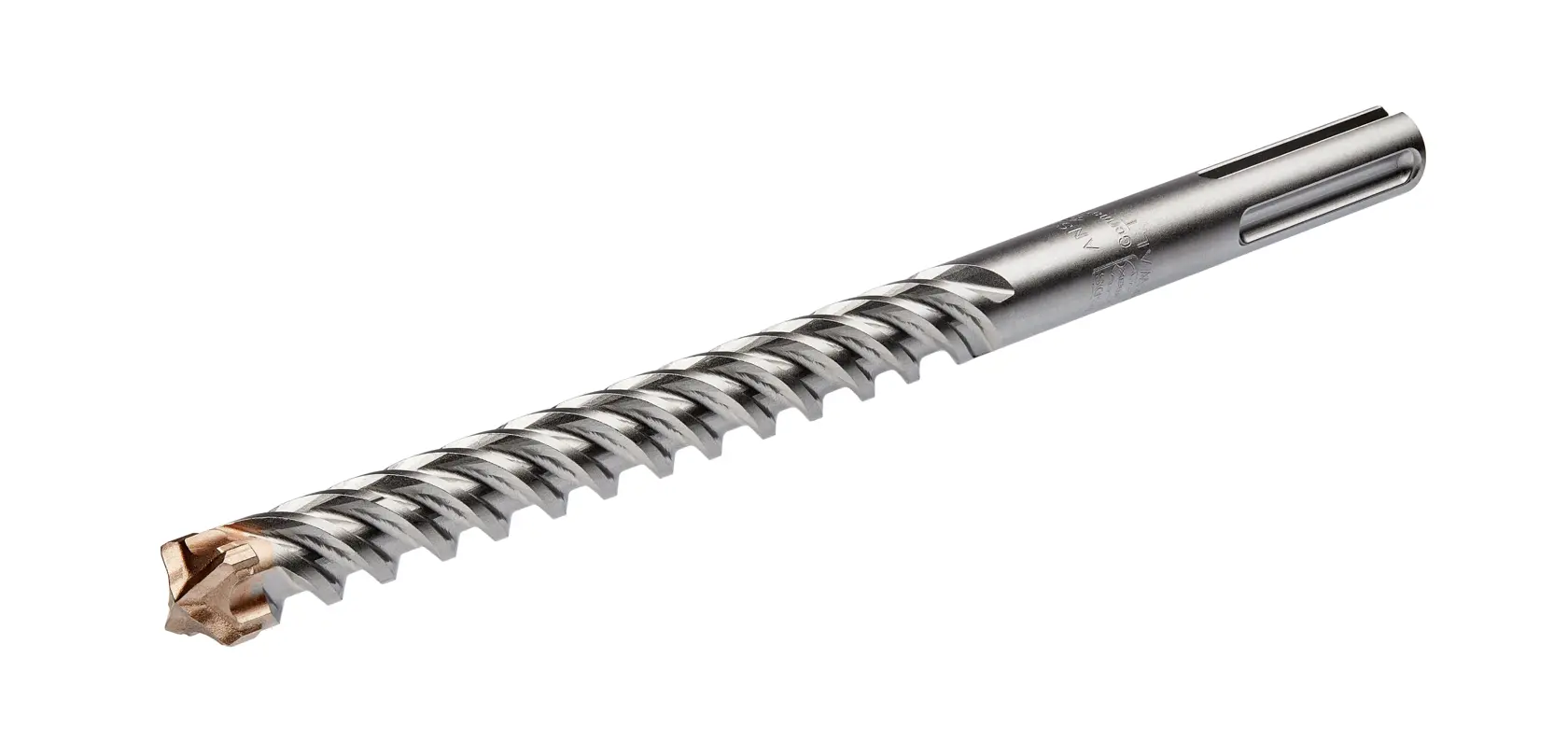 Metal drill bit with spiral flutes, used for drilling into tough materials like concrete or masonry.