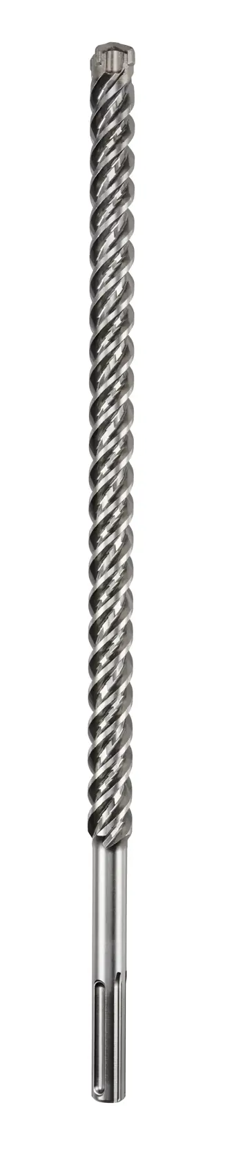 Una broca larga y plateada DEWALT con diseño en espiral, destinada para perforaciones intensas en mampostería y hormigón.