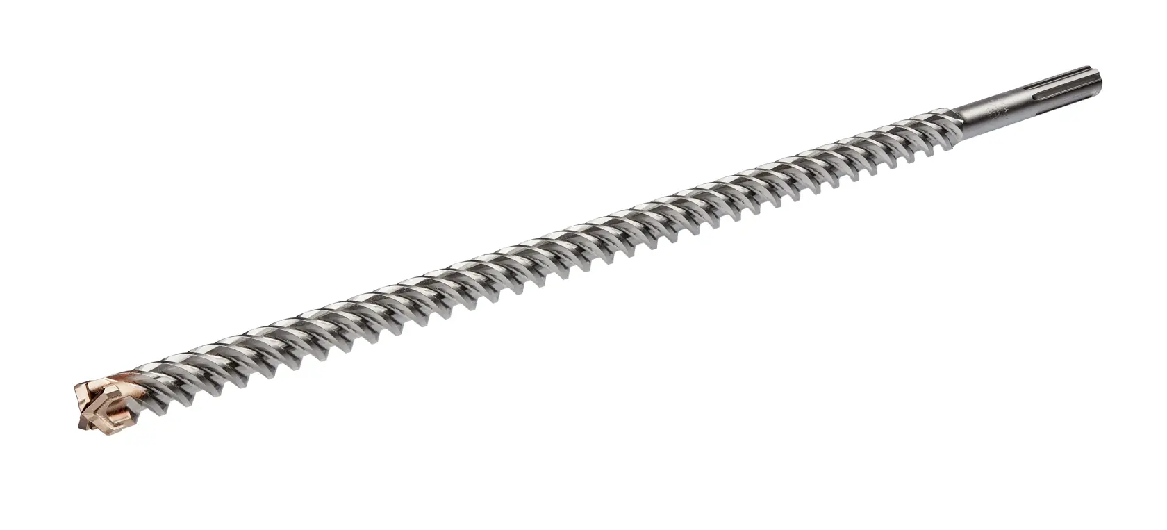 A single long, silver-colored spiral drill bit with a SDS shank, suitable for masonry and concrete drilling.