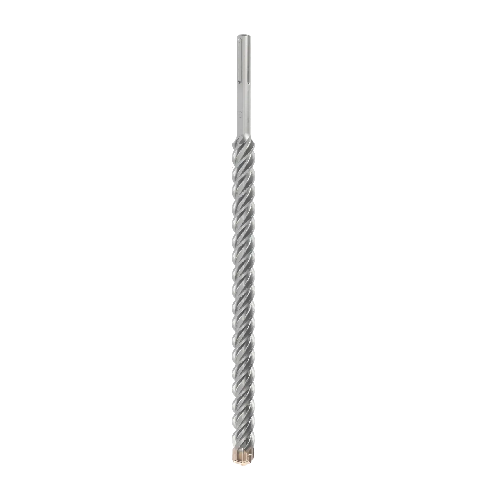 A long, metal masonry drill bit with a spiral design and a specialized cutting tip, shown on a white background.