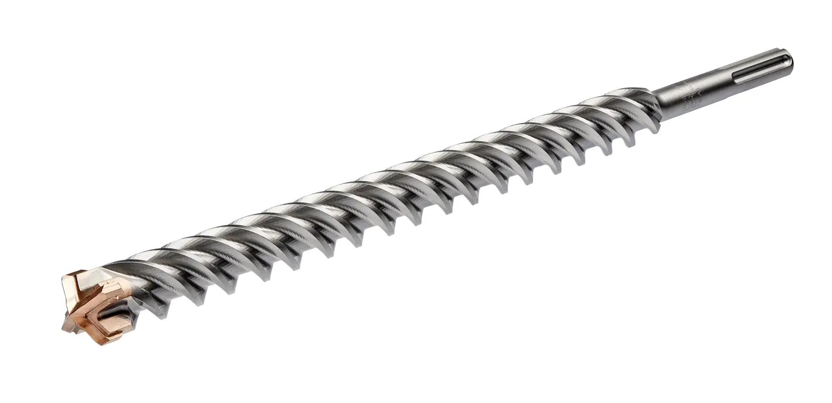 Broca metálica en espiral con punta de carburo para mampostería. DEWALT DT60837 sobre fondo blanco.