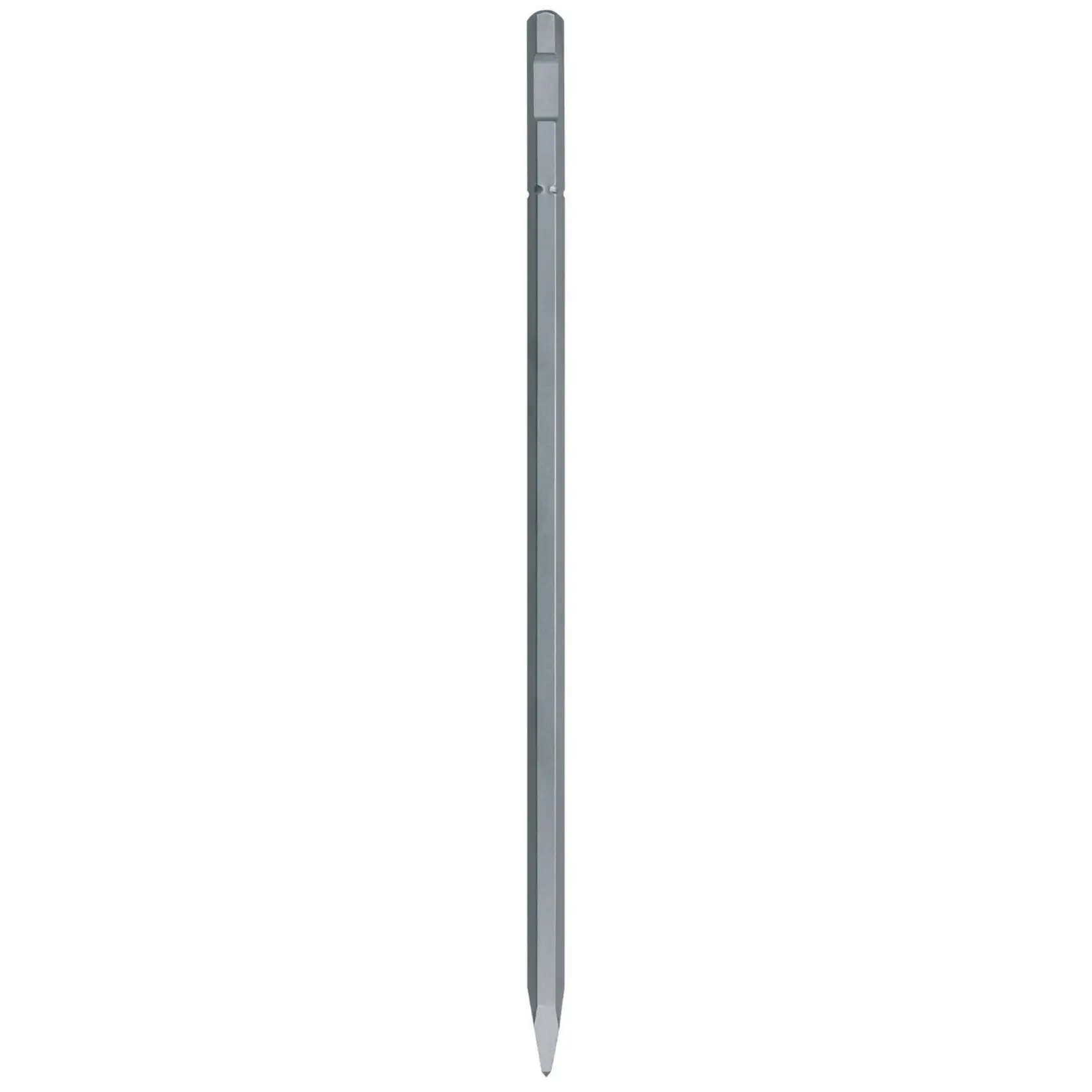 Cinzelo pontiagudo DEWALT DT6940 para demolição e perfuração, aço cinza, haste hexagonal, fundo branco.
