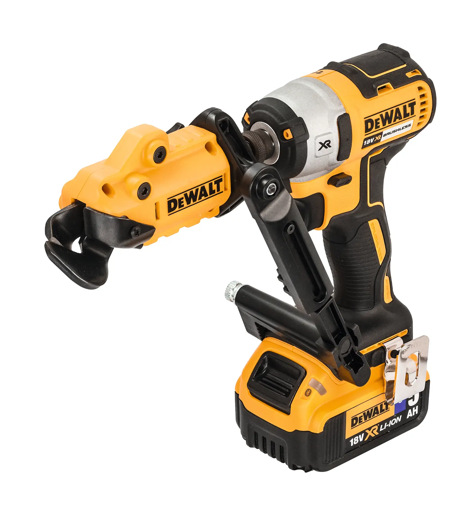 DEWALT DT70620 cordless power tool with yellow and black design, used for cutting metal materials.