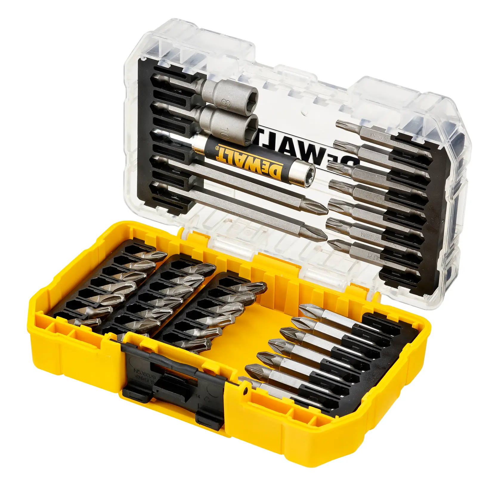 Set di punte e inserti DEWALT giallo con coperchio trasparente aperto, inserti organizzati.